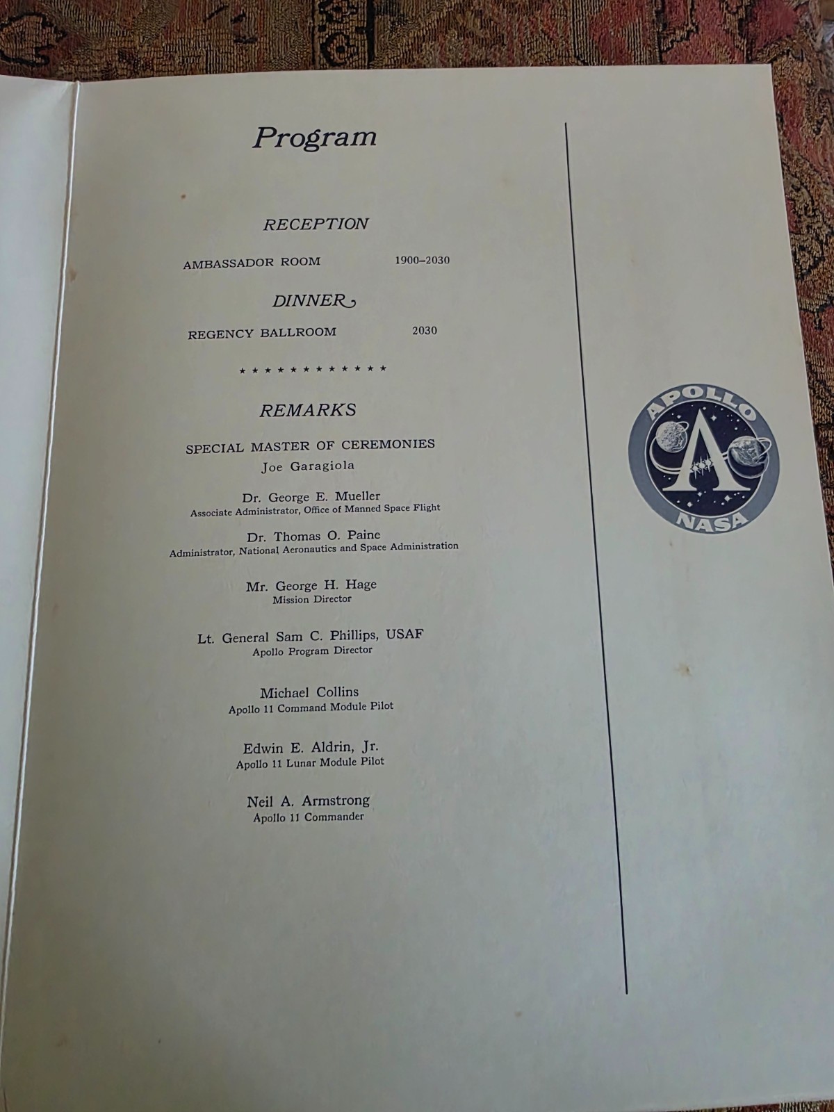 Apollo 11 Splashdown Party Program - Owned by Captain J Holcomb
