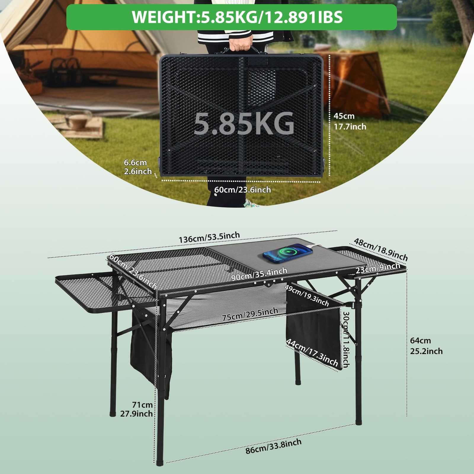 Nice C Camping Table with Solar Charger, Side Shelves, Mesh Net & Cup Holders