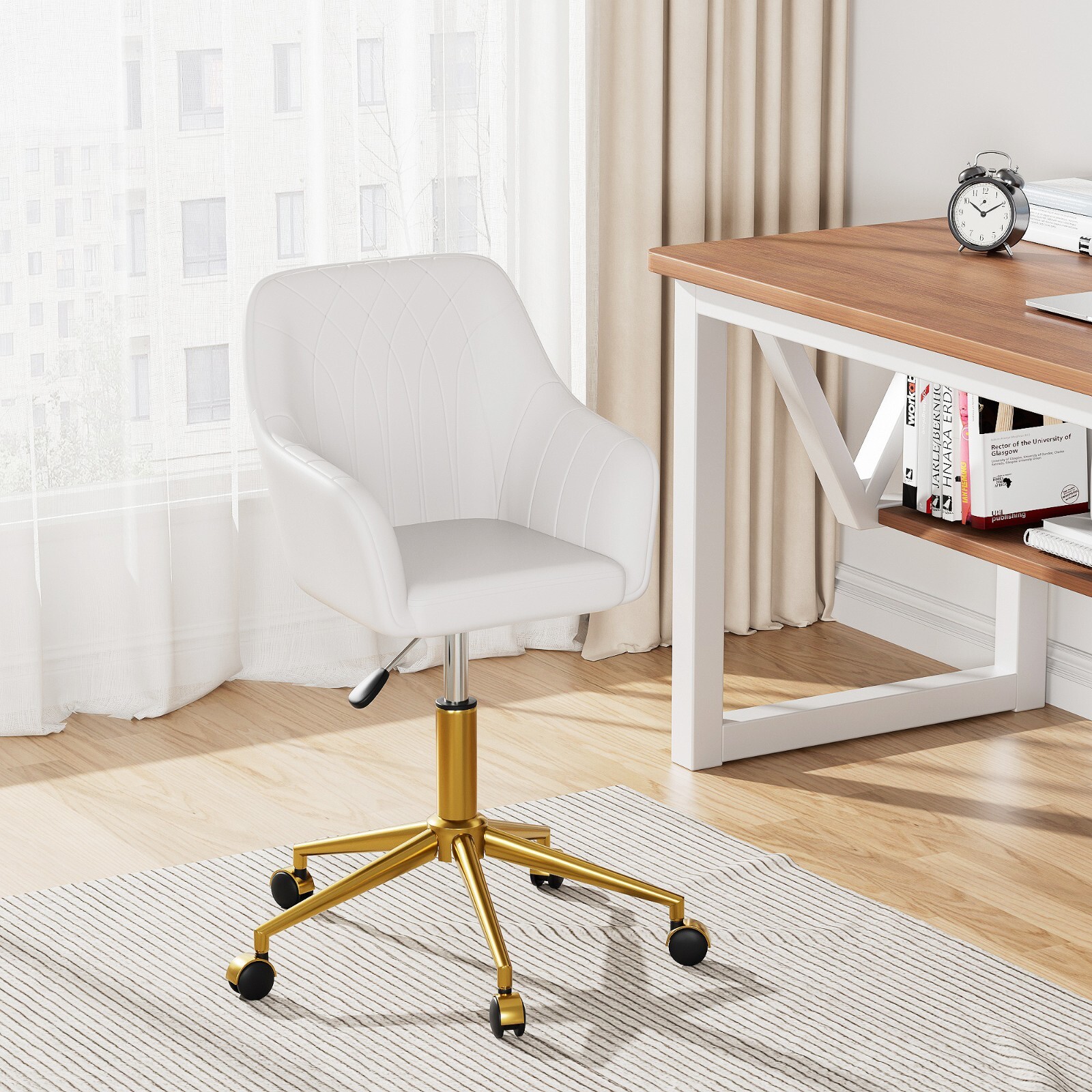 PU Leather Home Office Chair Height Adjustable Stools with Gold Metal Base White