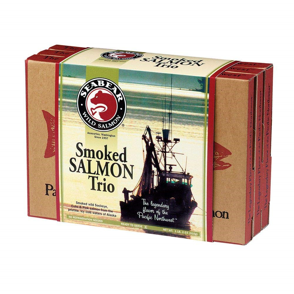 SeaBear - Premium Wild Alaskan Smoked Sockeye, Coho, and Pink Salmon Trio - 18oz