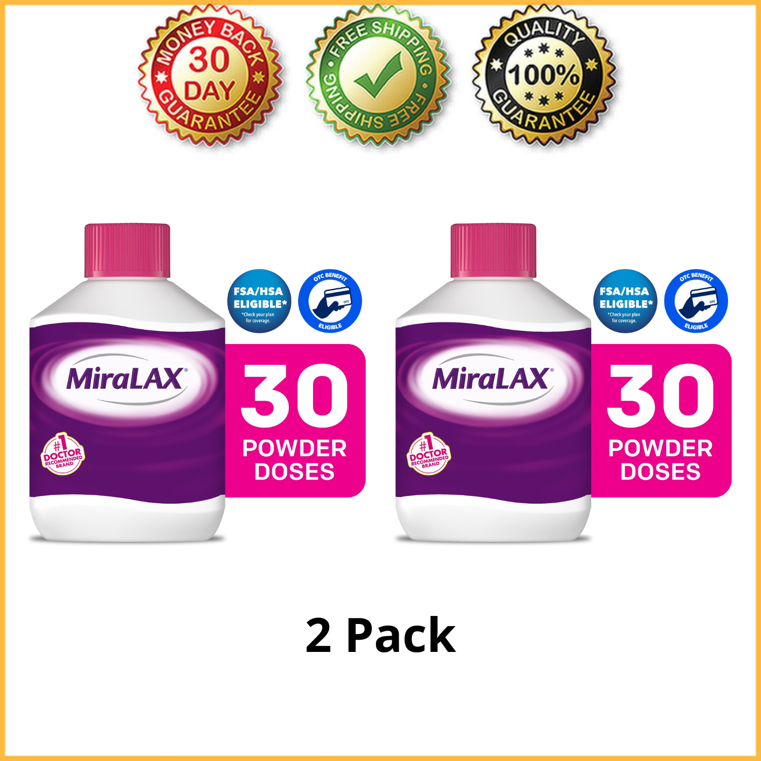 (2 Pack) MiraLAX Laxative Powder for Gentle Constipation Relief, 30 Doses