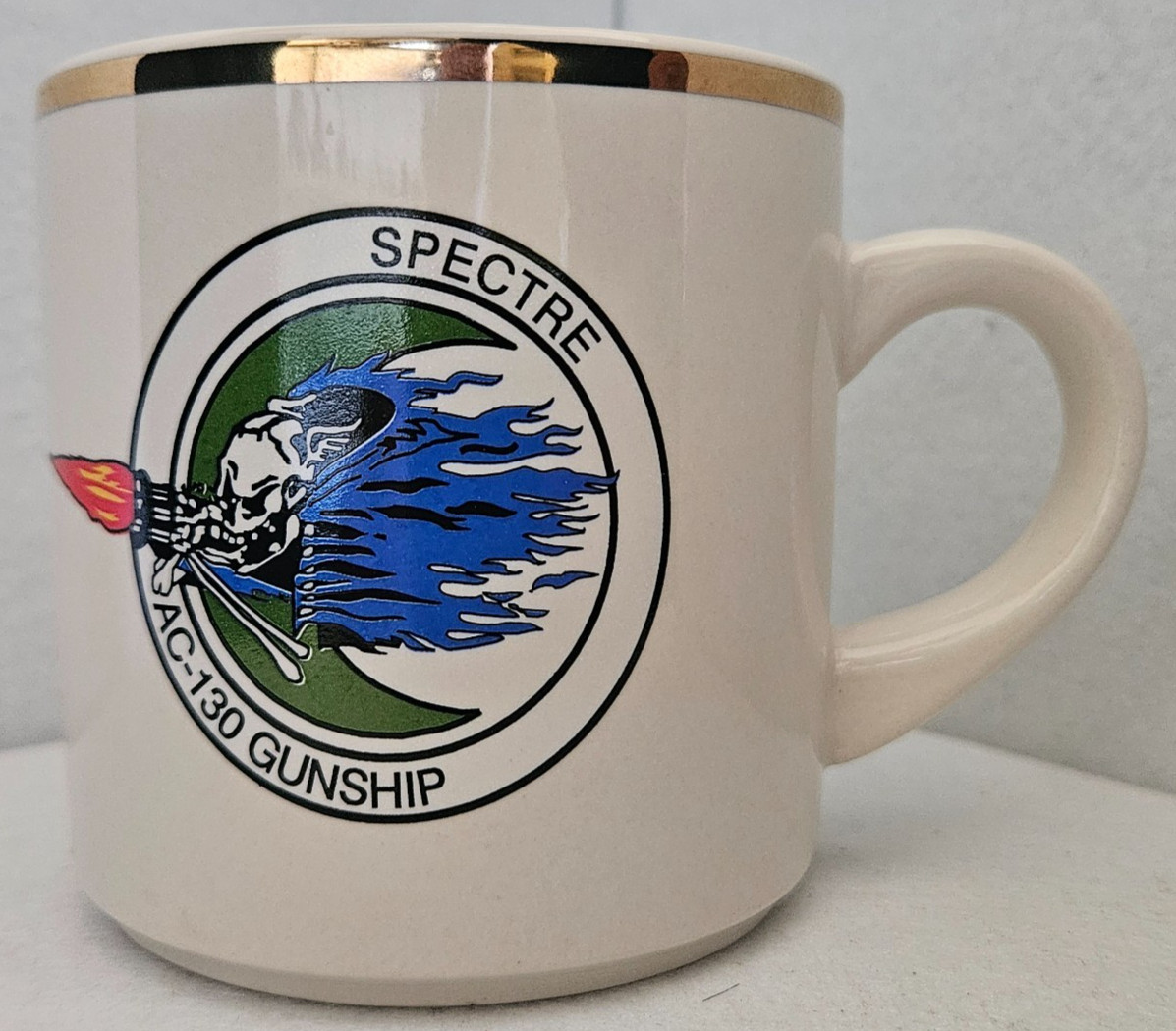 Lockheed AC-130 Gunship Air Force Collectible Militaria Mug, 22K Gold Rimmed.