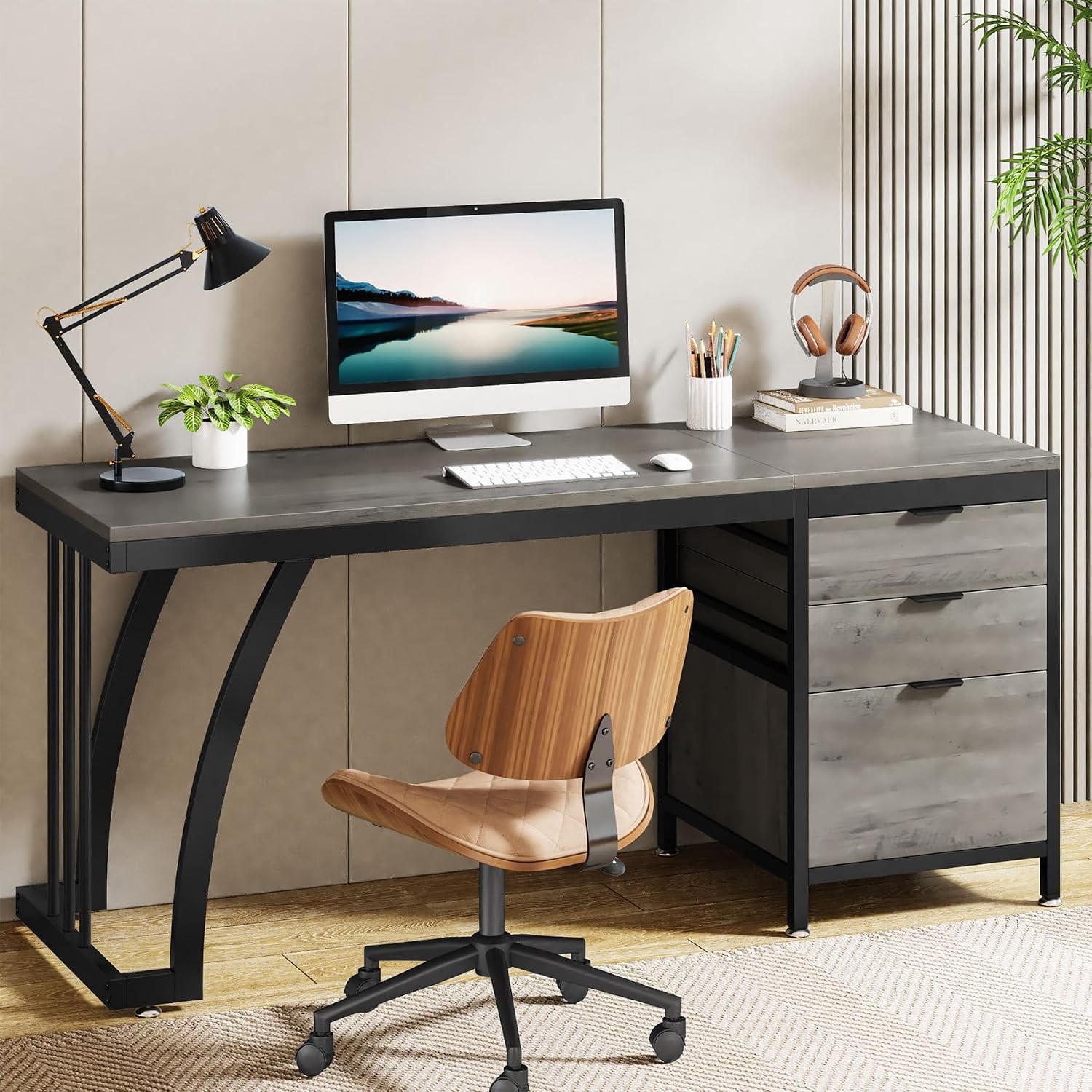 Industrial Computer Desk with 3 Drawers 59-Inch PC Desk with Reversible Drawers