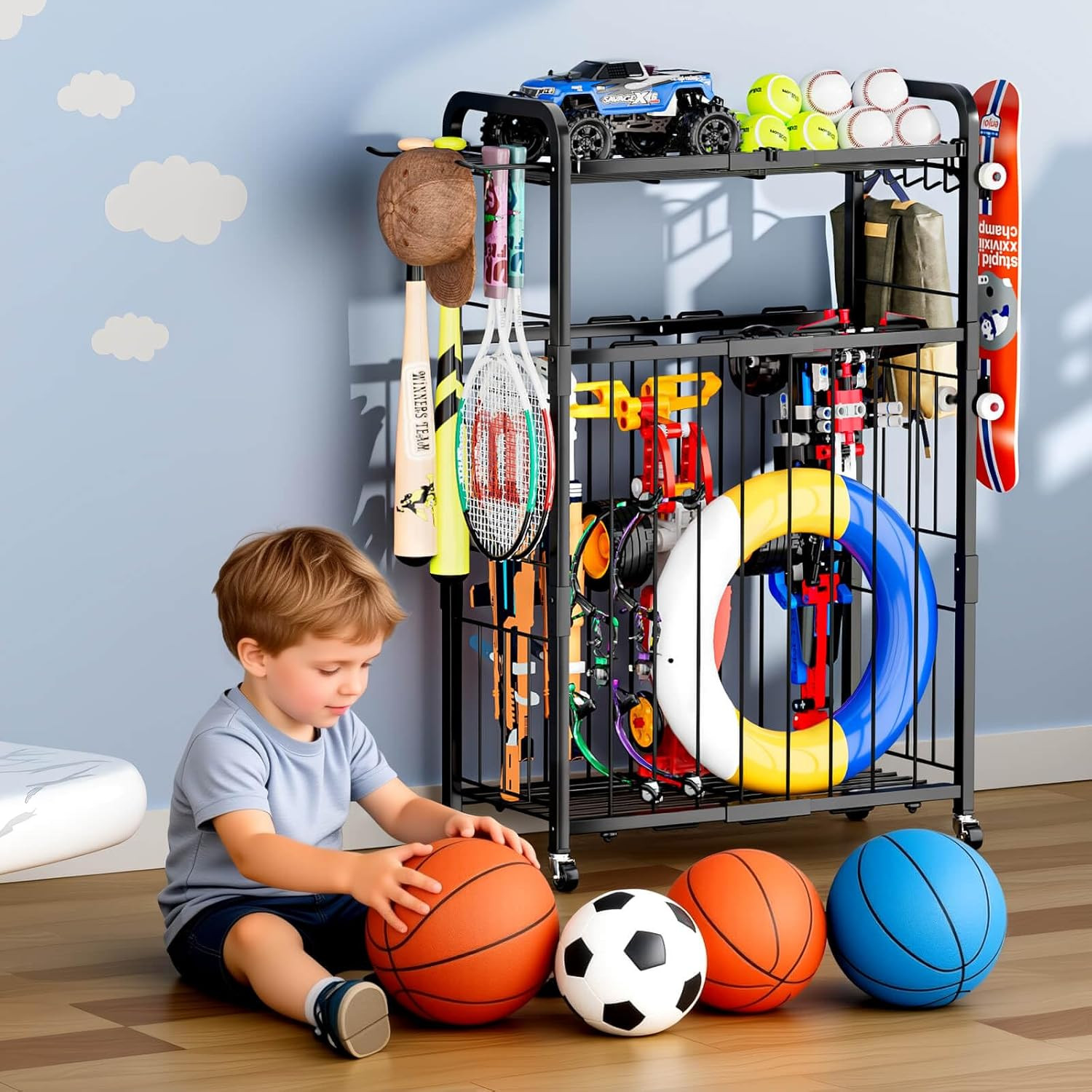 Garage Ball Storage Rack - Sports Equipment Organizer with Wheels, Rolling Sport