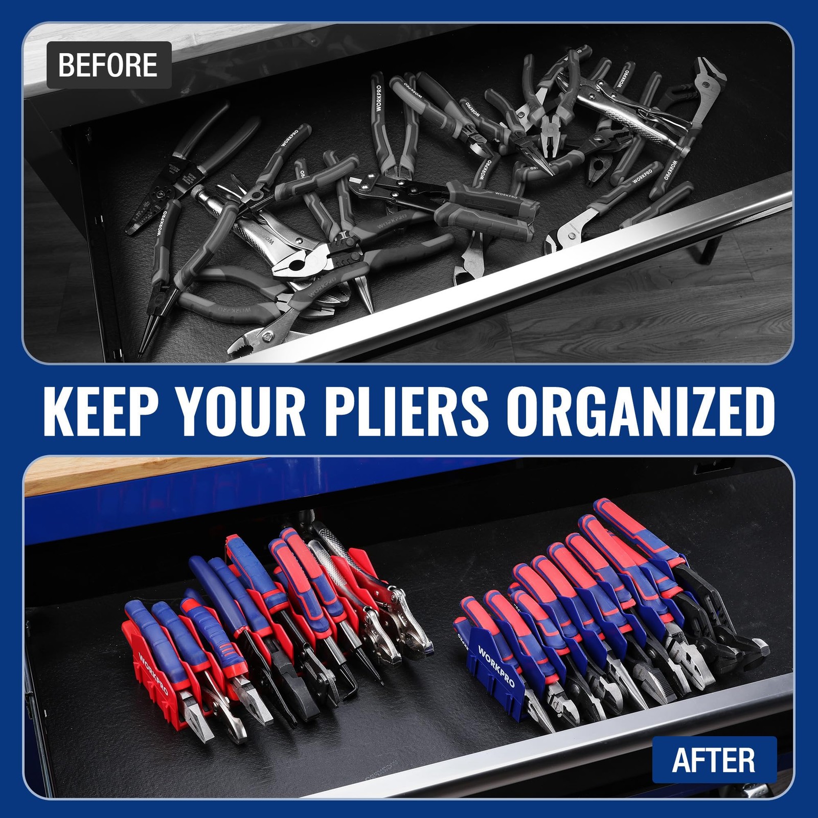 WORKPRO 2-Pack Plier Organizer Rack, Pliers Holder and 2 Pack, Blue &Red