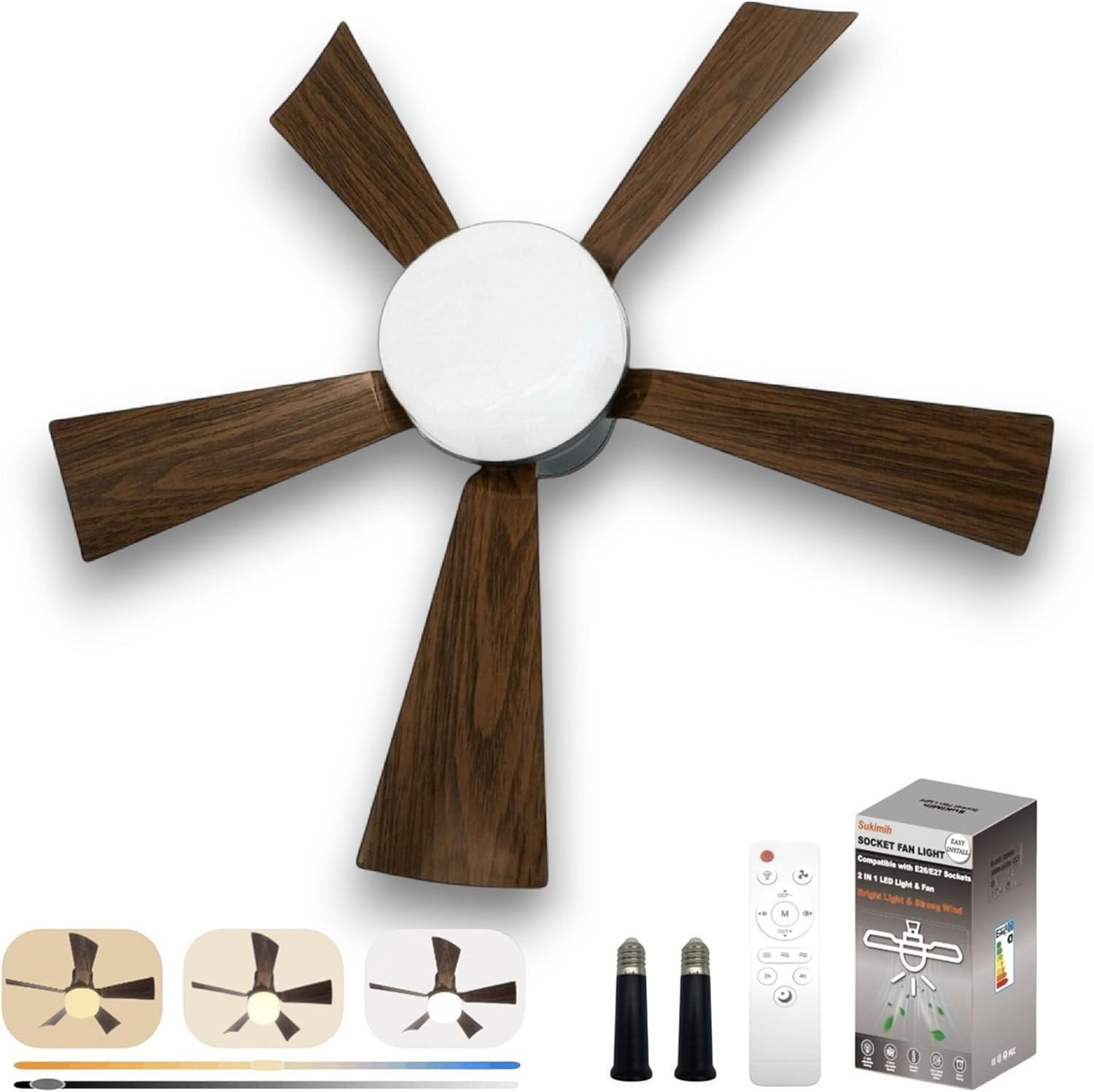 Socket Fan Light with Remote, 20.5", Small Ceiling Fans with Lights, 3 Colors...