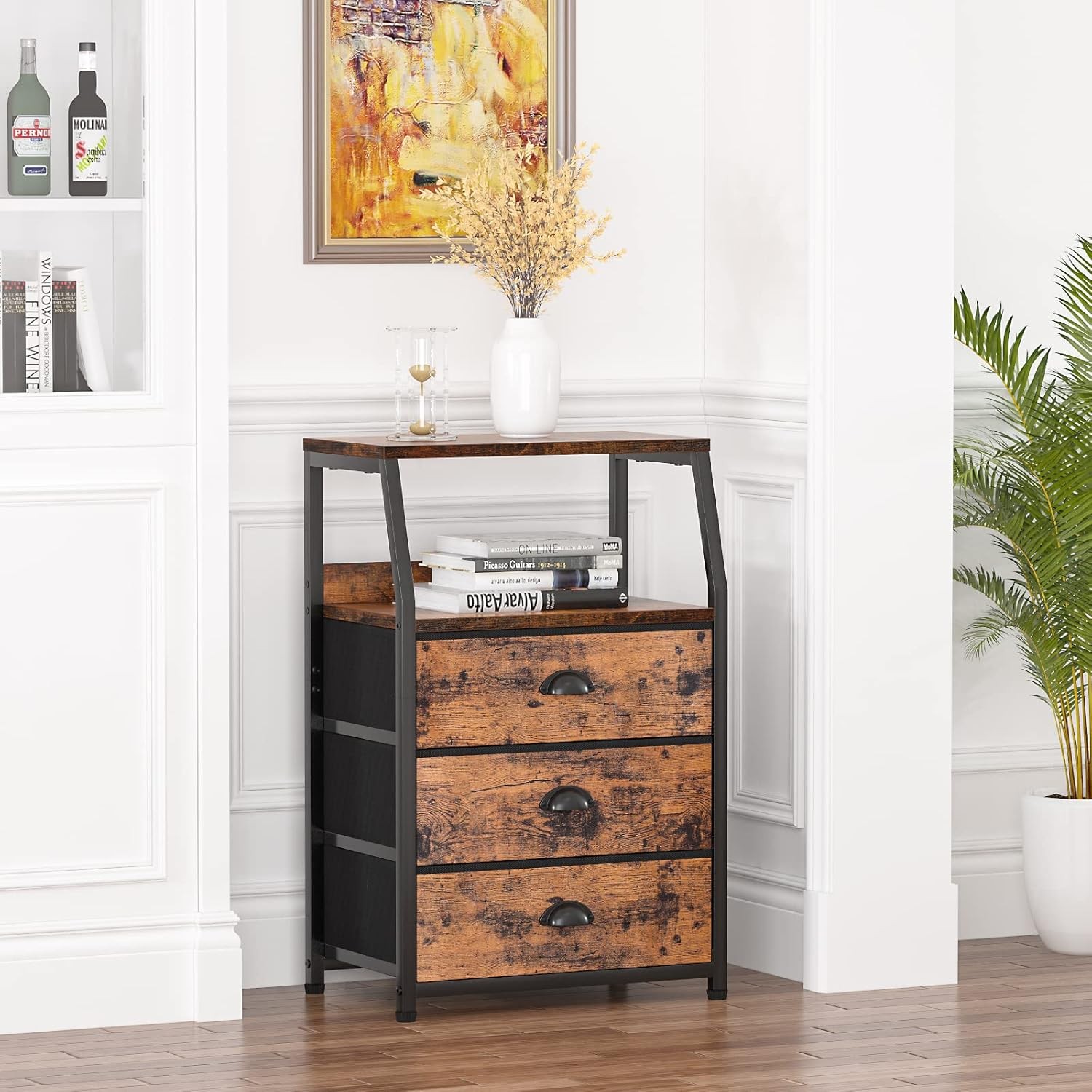 Nightstand with 3 Drawers and 2-Tier Shelf, Fabric Small Dresser Organizer Verti