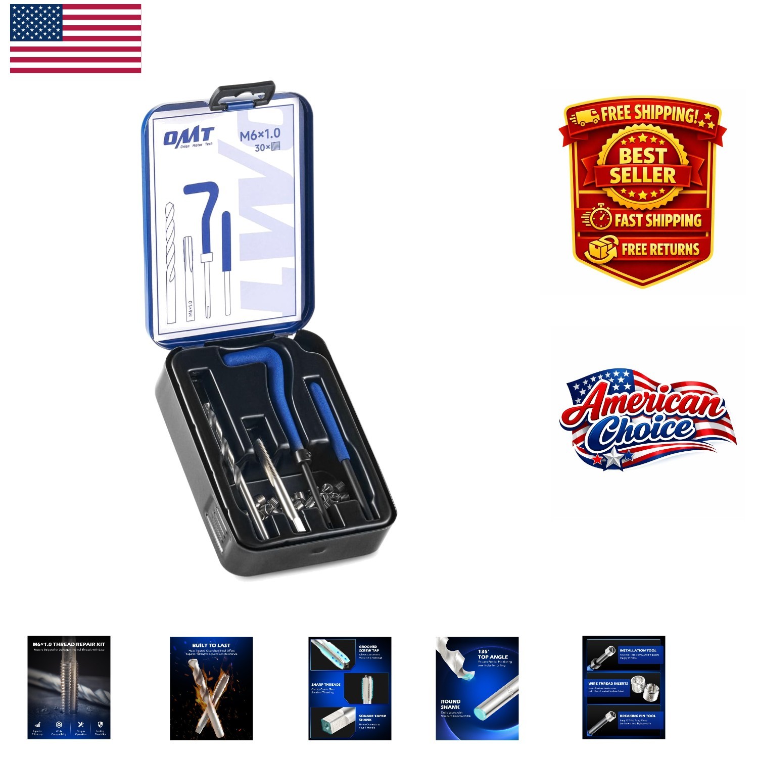 Professional M6 Thread Repair Kit - 30 Stainless Steel Inserts & HSS Drill