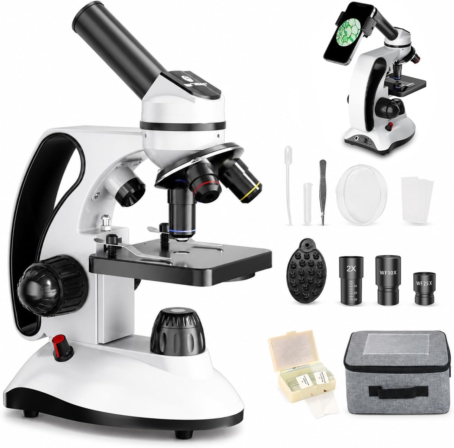 40X to 2000X Compound Microscope Kit with Slides Phone Adapter Carry Case LED