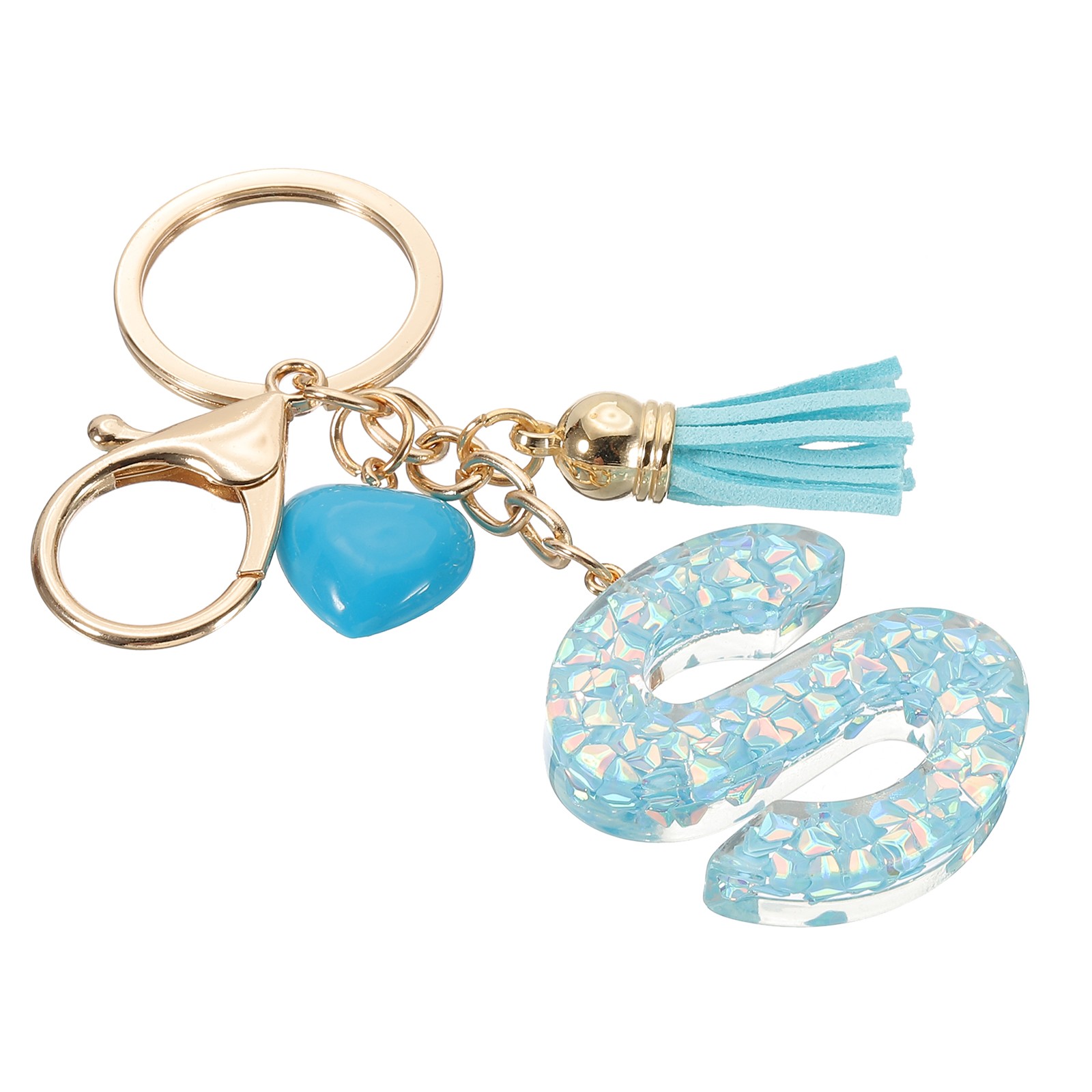 Initial Letter Keychain, Letter S Heart Design Charm with Tassels, Blue