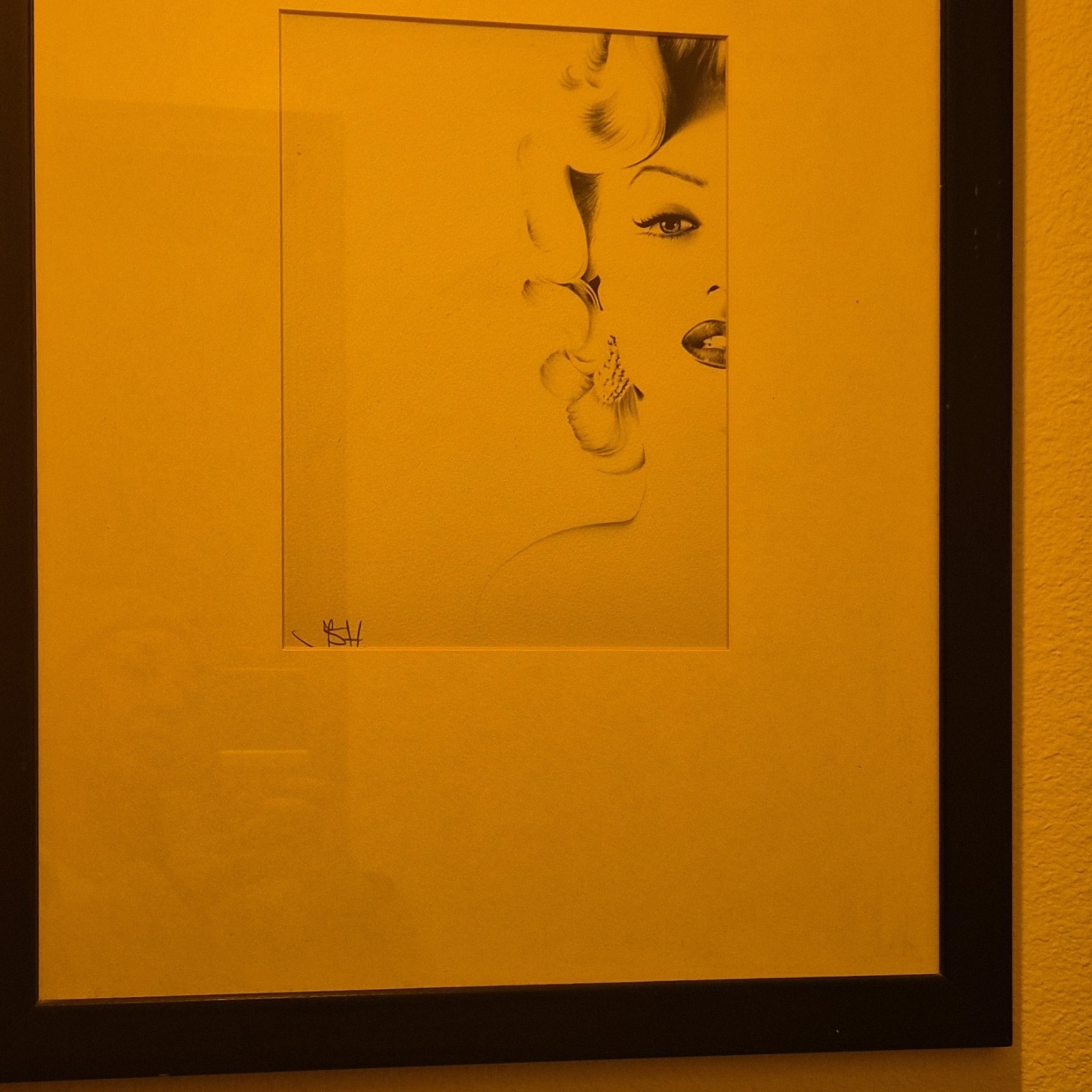 BSH Signed Contemporary Figurative Portrait Drawing of Woman Framed Art