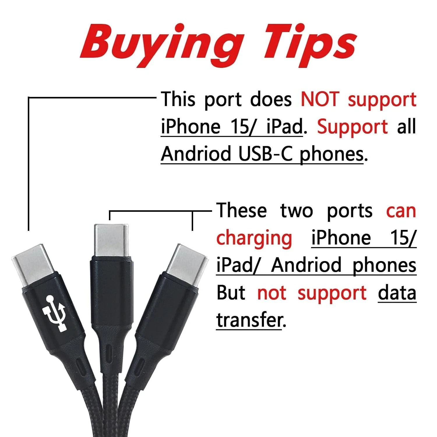 Multi USB-C Cable 4FT, 3 in 1 Multiple Type C Charging,3A Splitter Black