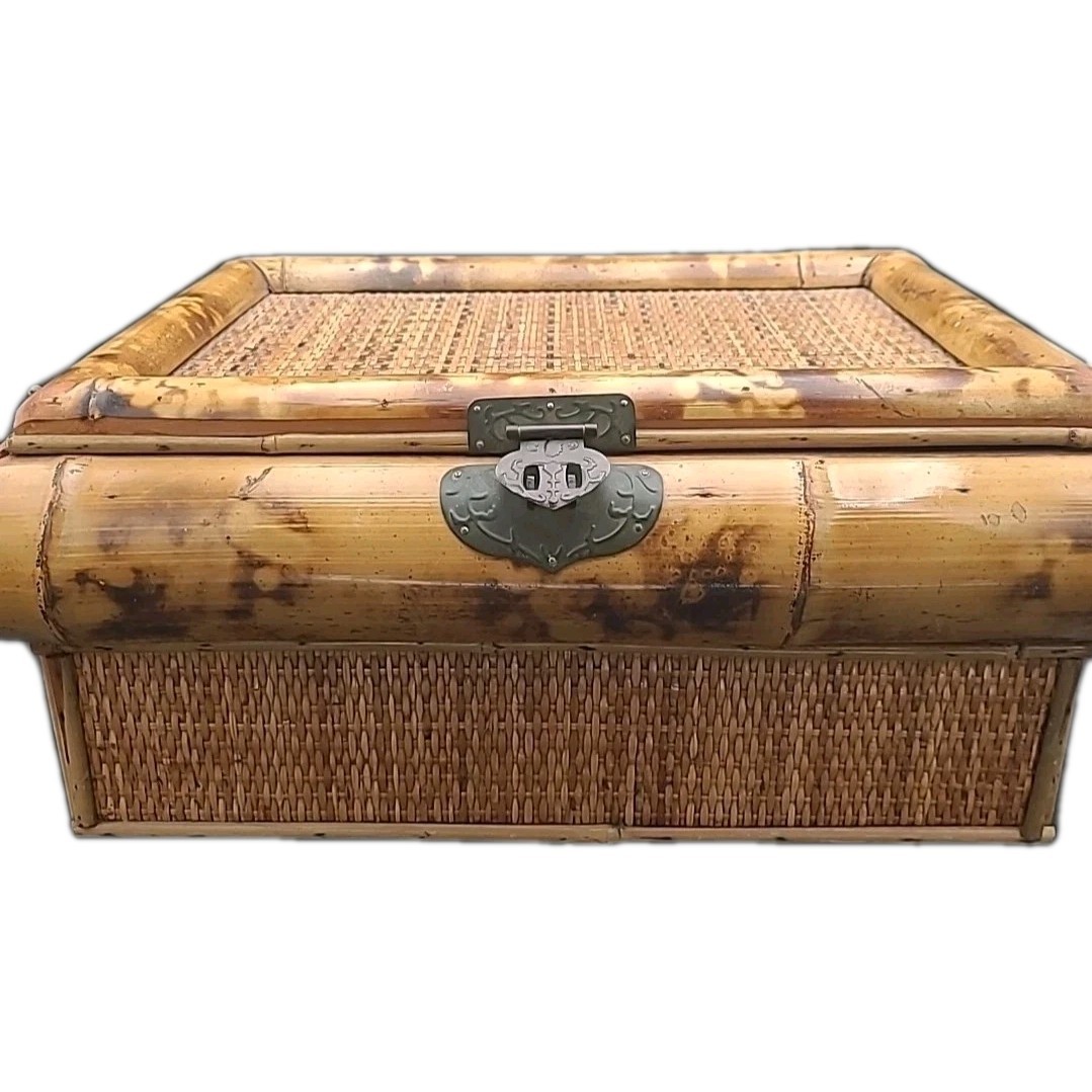 Classic Vintage Asian Boho Chic Burnt Bamboo Wicker Rattan Chest Trunk