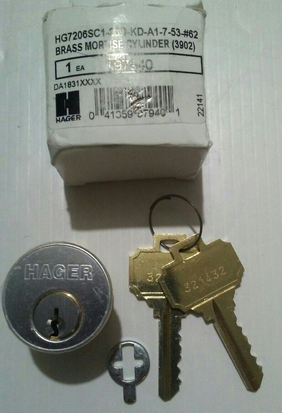HAGER 3902, HG7206SC1-26D-KD-A1-7-53-#62, BRASS MORTISE CYLINDER, FREE SHIPPING