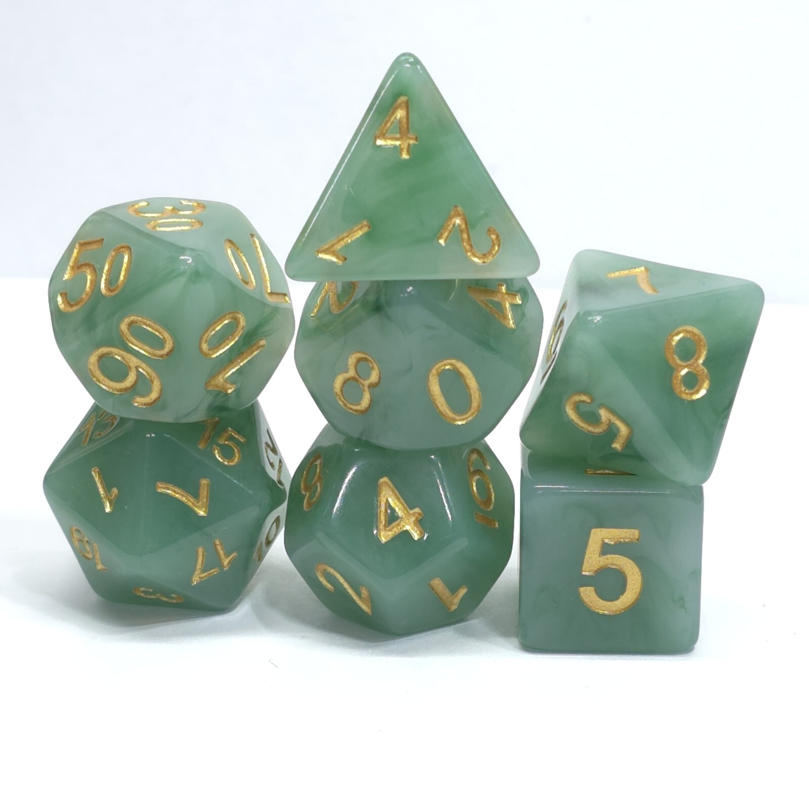 New 7 Piece Polyhedral Green Jade Dice Set With Dice Bag D&D RPG