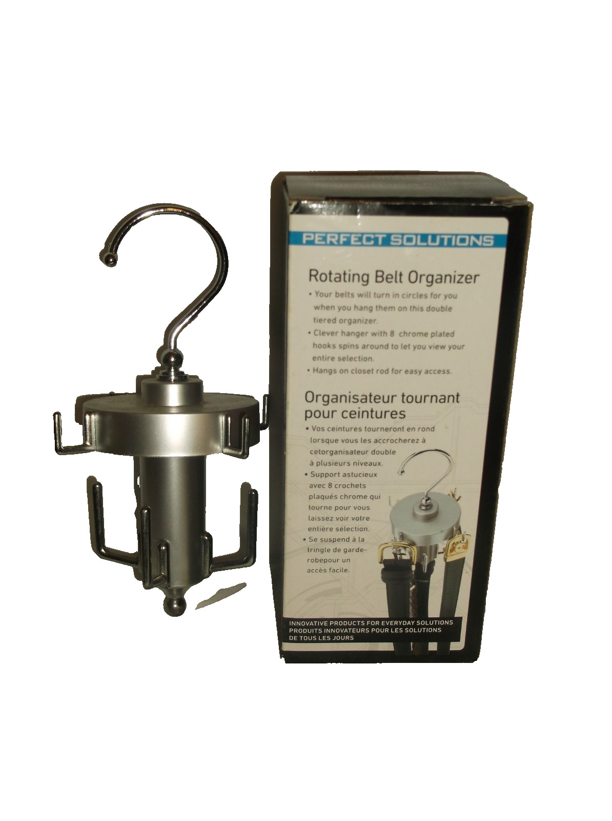 NIB Perfect Solutions Silver Plastic Rotating Hanging Belt Organizer 8 Hooks