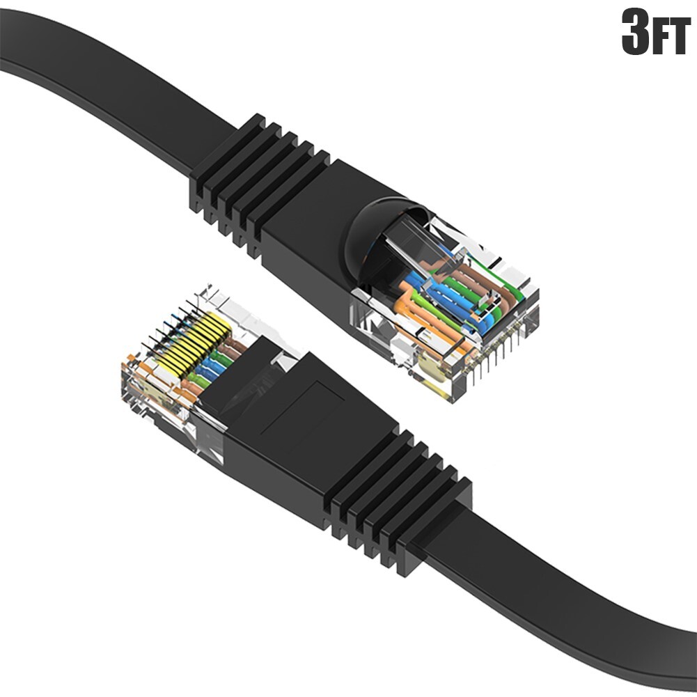 3FT Flat Cat6 RJ45 Network LAN Ethernet Patch Cable Slim Copper Wire 32AWG Black