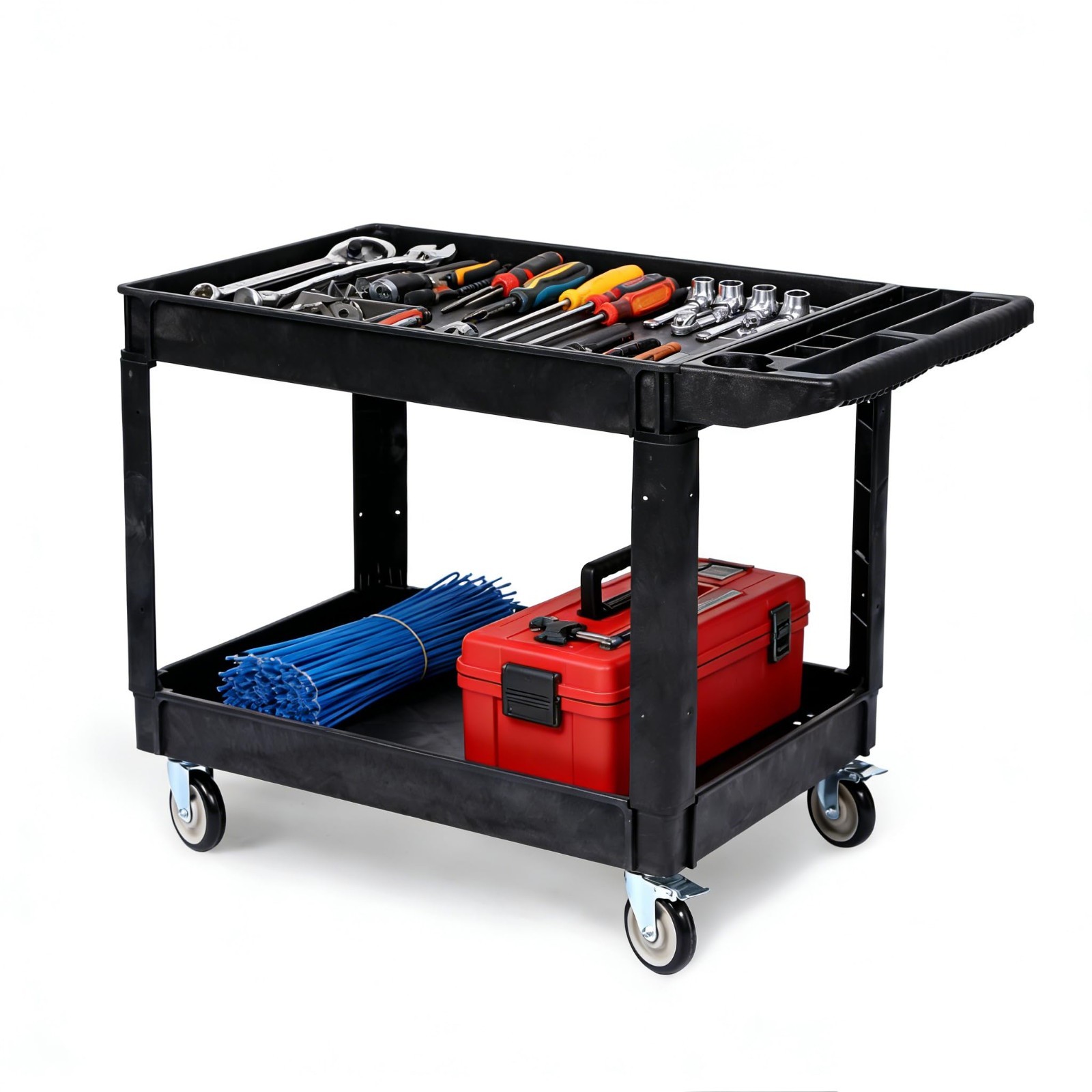 Heavy Duty 2-Tier Utility Cart – 550 lbs Capacity – Large Lipped Shelves, Ergono