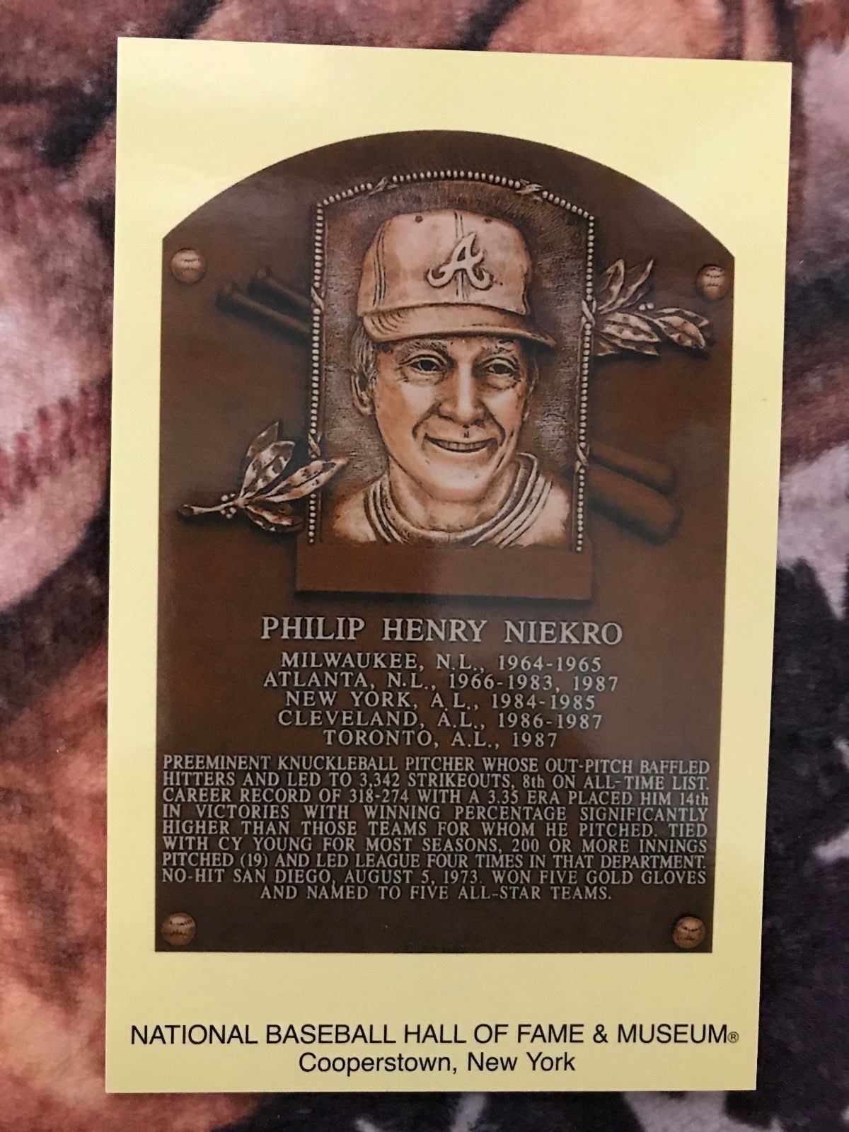Phil Niekro Postcard- Baseball Hall of Fame Induction Plaque - Cooperstown Photo