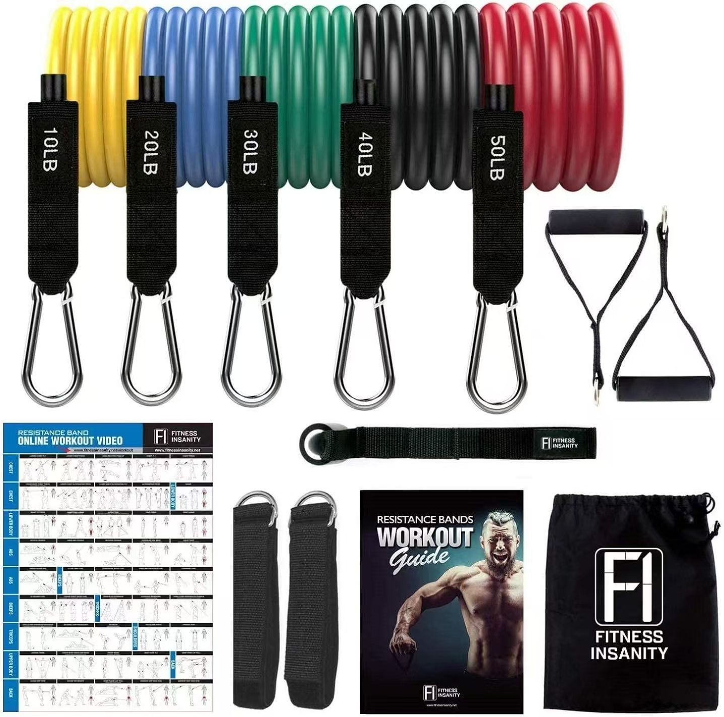 11pc Resistance Tube Band Set Workout Strength Train Muscle Handle Ankle 150lb