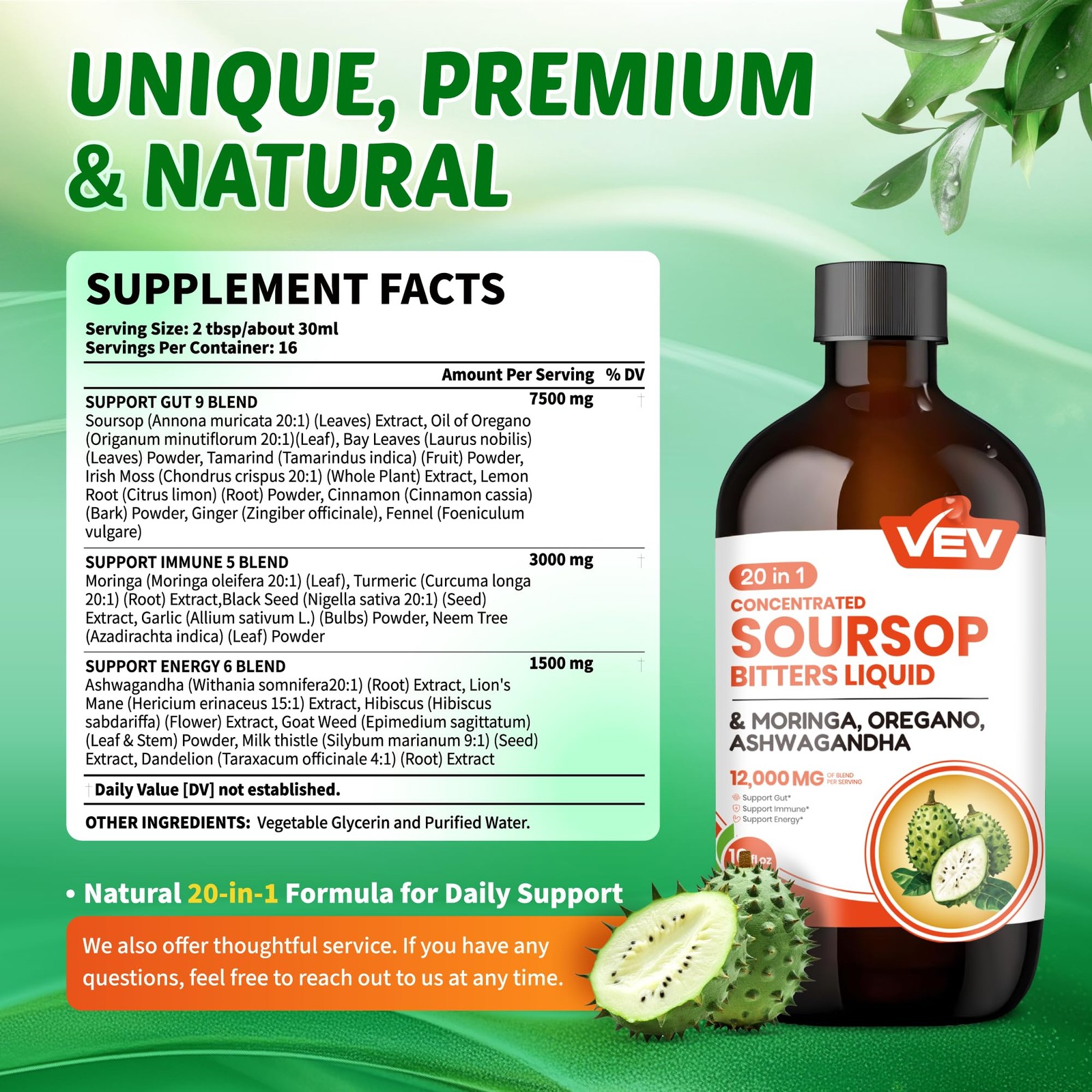 Soursop Bitters Liquid, Graviola Extract, 16 Fl Oz, 20 in 1, with Moringa, Or...