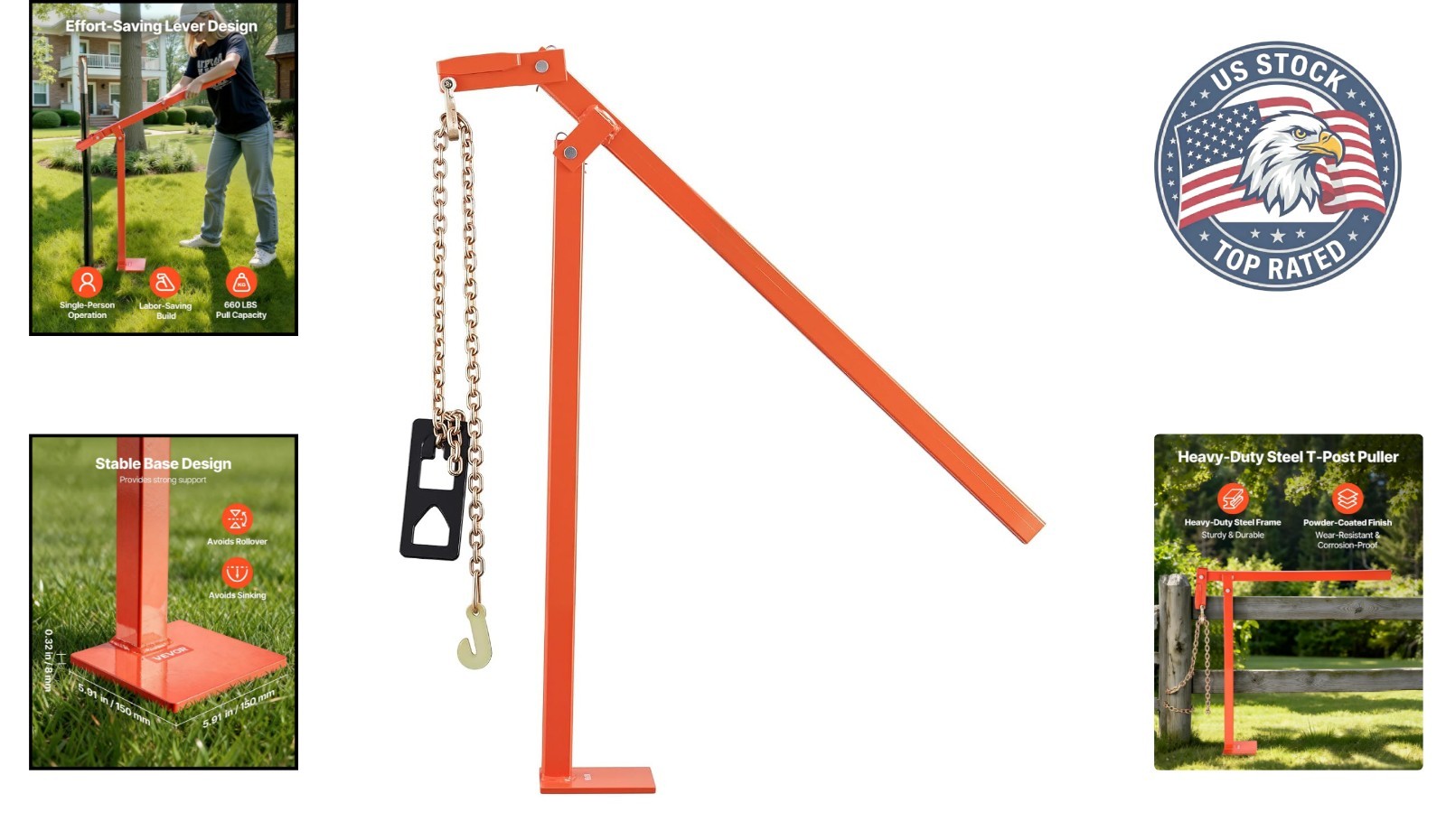 Efficient 36" T Post Puller Tool with Wide Base - Perfect for Stumps & Posts