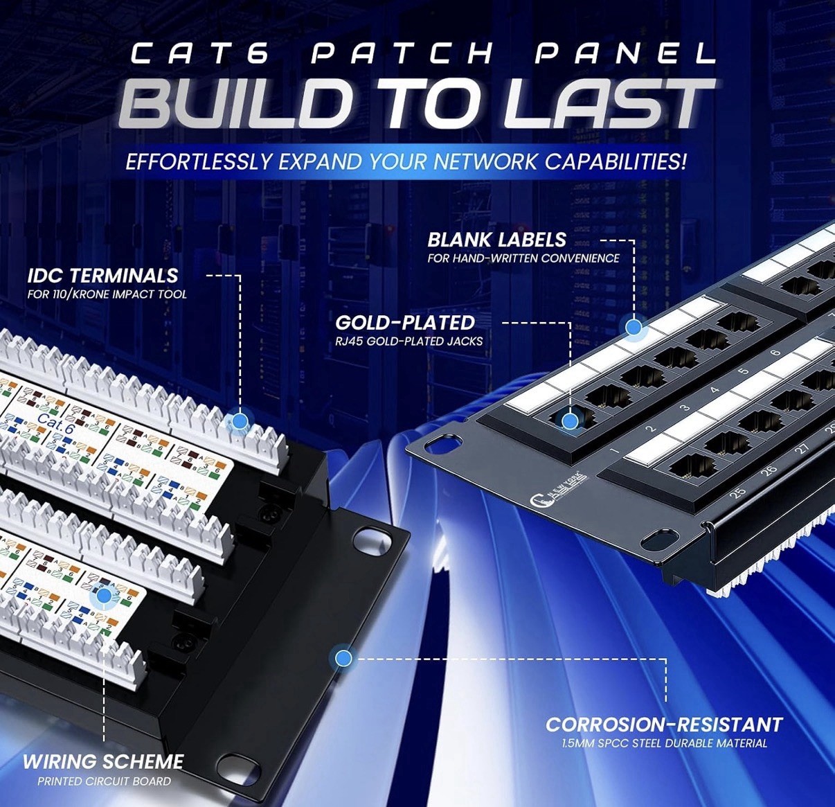 48 Port Cat6 Patch Panel, 10Gb Ethernet, 2U 19-Inch Rack or Wall Mount