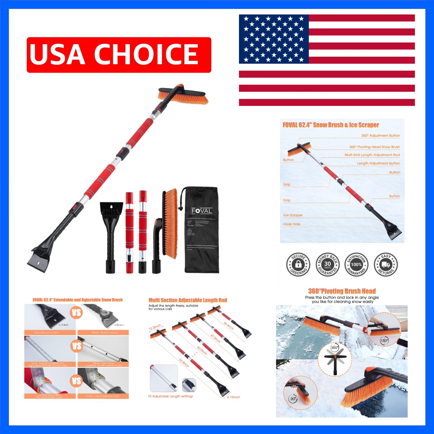 62.4" - Ice Scrapers for Car Windshield, 360°Pivoting Brush Head, Comfortable...