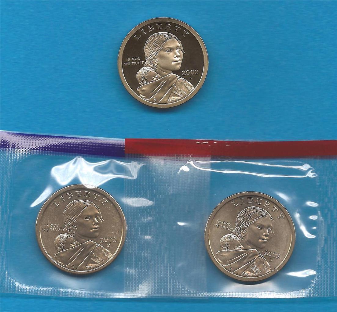 2002 P D and S BU and Gem Proof Sacagawea Native American Dollars - Three Coins