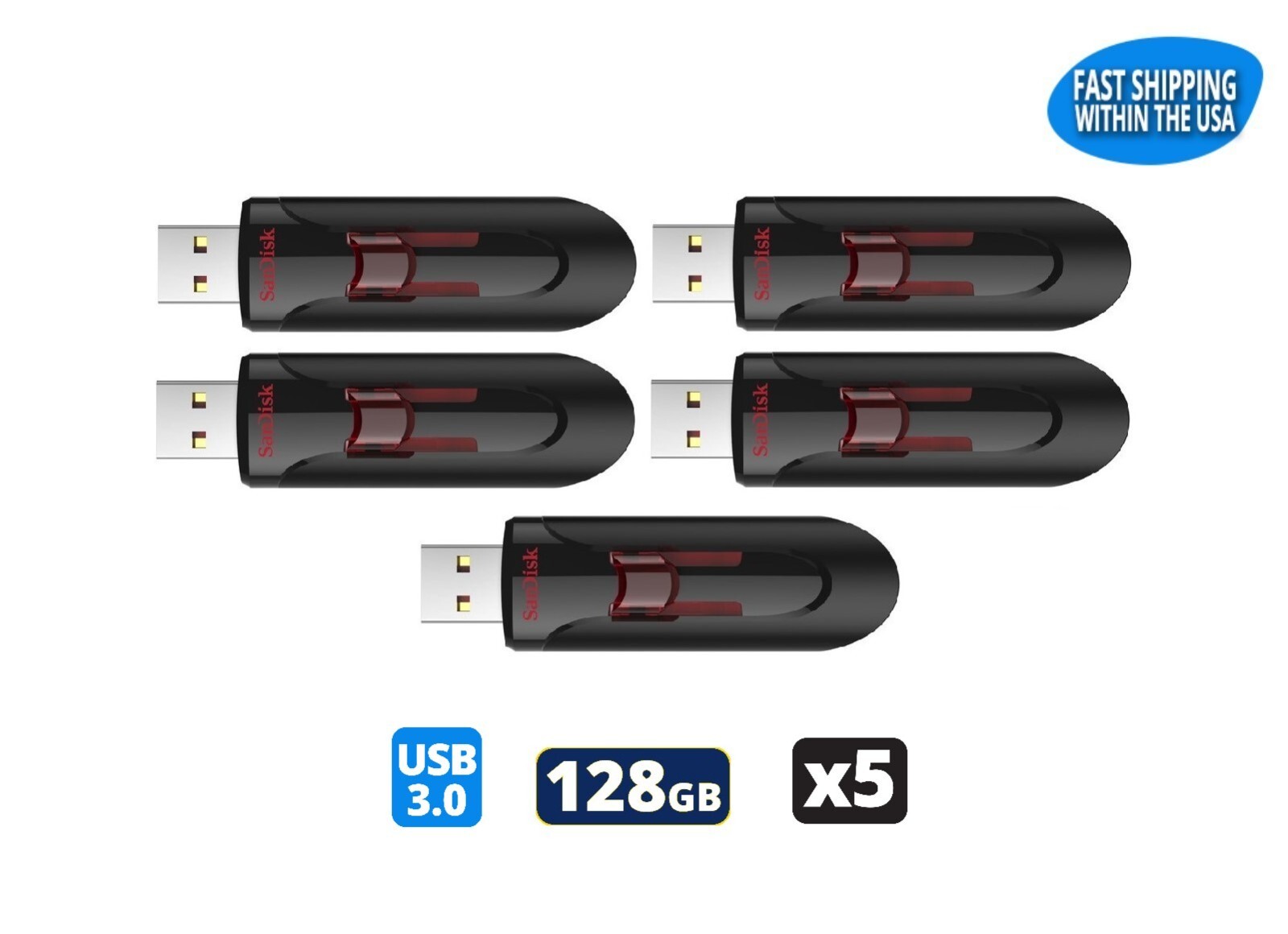 Sandisk Cruzer Glide 128GB 3.0 Flash Drive USB Thumb Drive (Pack of 5)