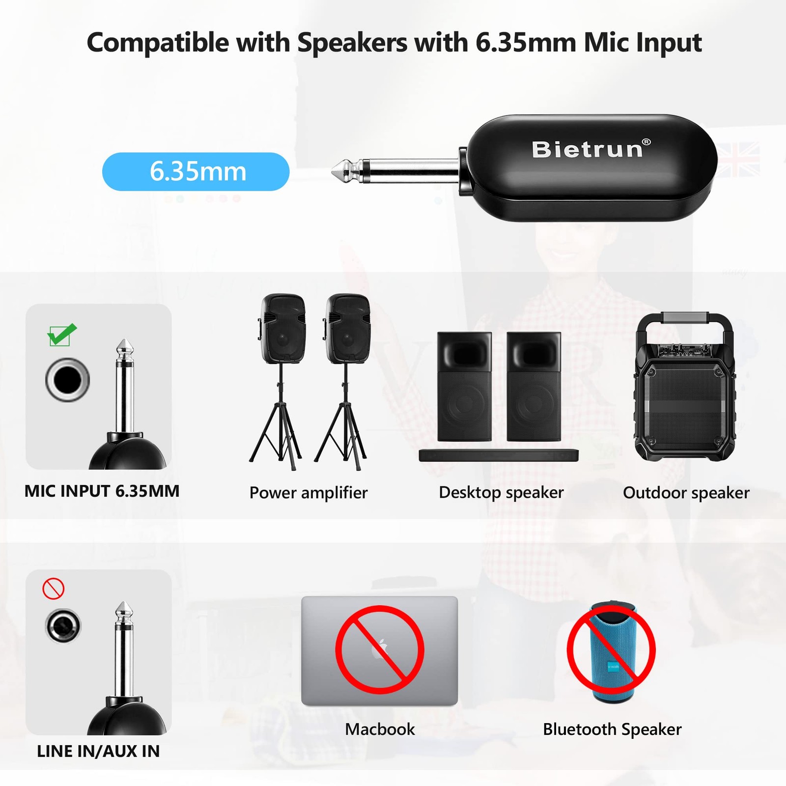 Wireless Microphone Headset with 1/4''Plug, 165ft Range, UHF Wireless Headset...