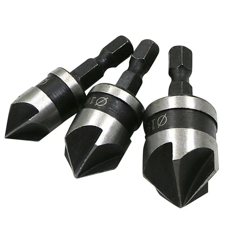 3pcs 90° Countersink Drill Set Hex Shank Five Blade 12/16/19mm - NEW