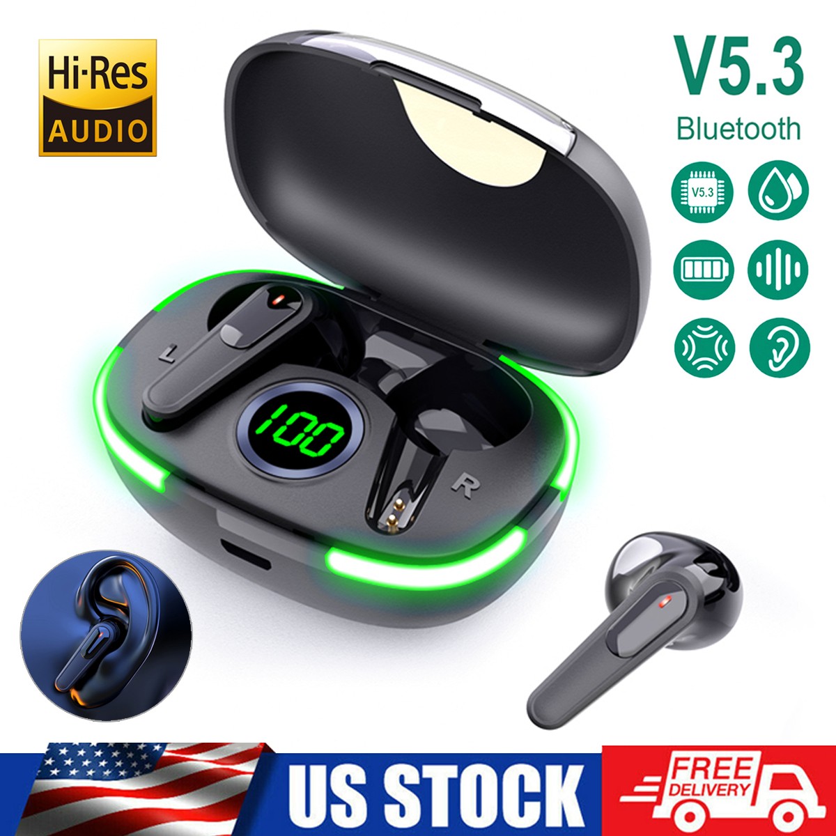 LED Display Wireless Bluetooth 5.3 Earbuds Waterproof Headset Noise Cancelling