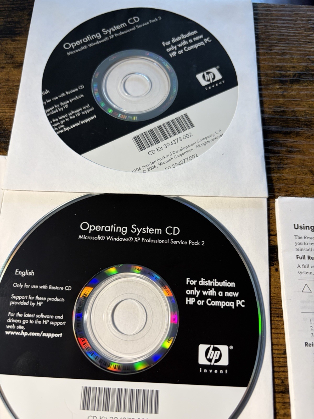 HP / Compaq Windows XP Operating System, Supplemental Software, HP Restore Etc
