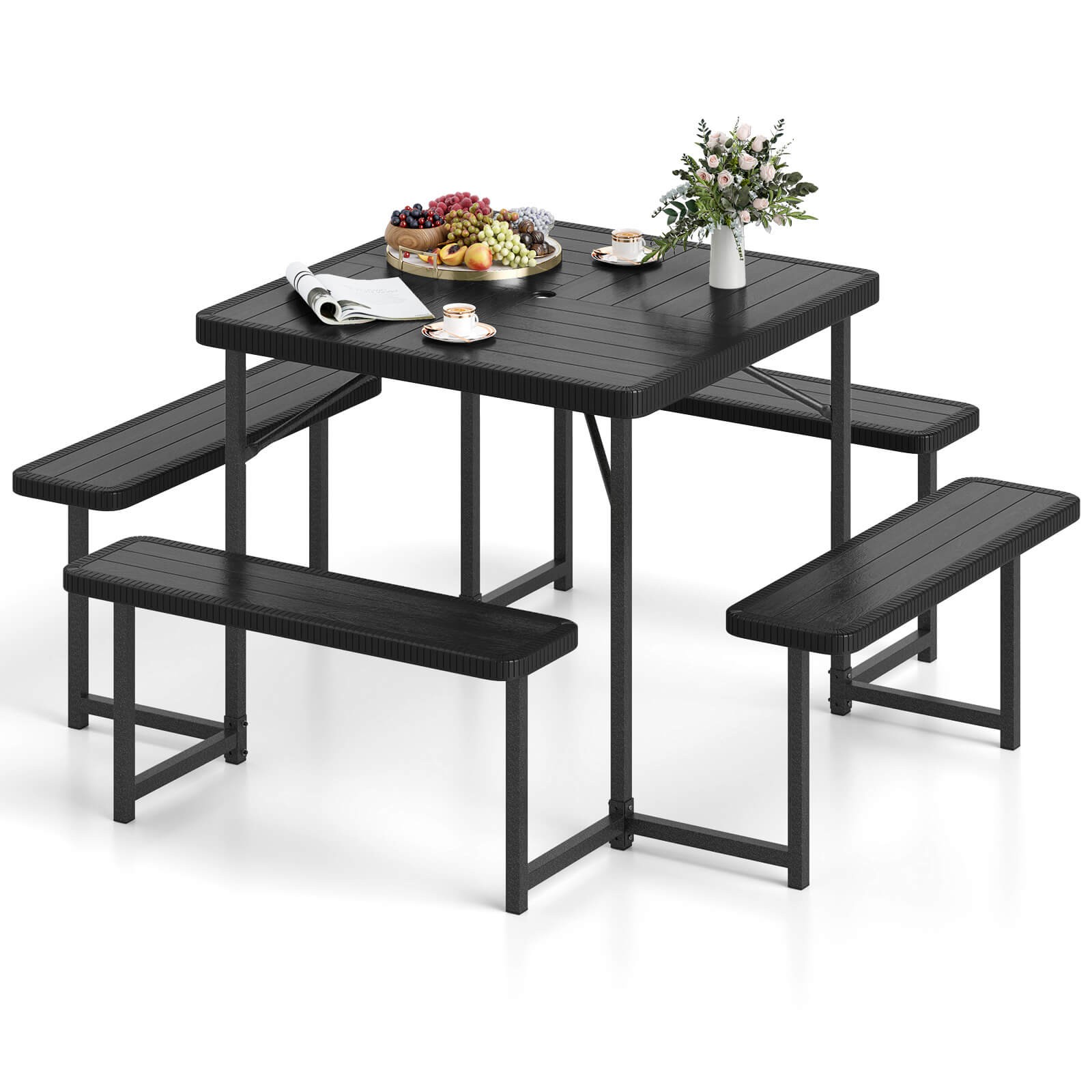Picnic Table Bench Set for 4-8 People w/ Umbrella Hole All-Weather HDPE Tabletop