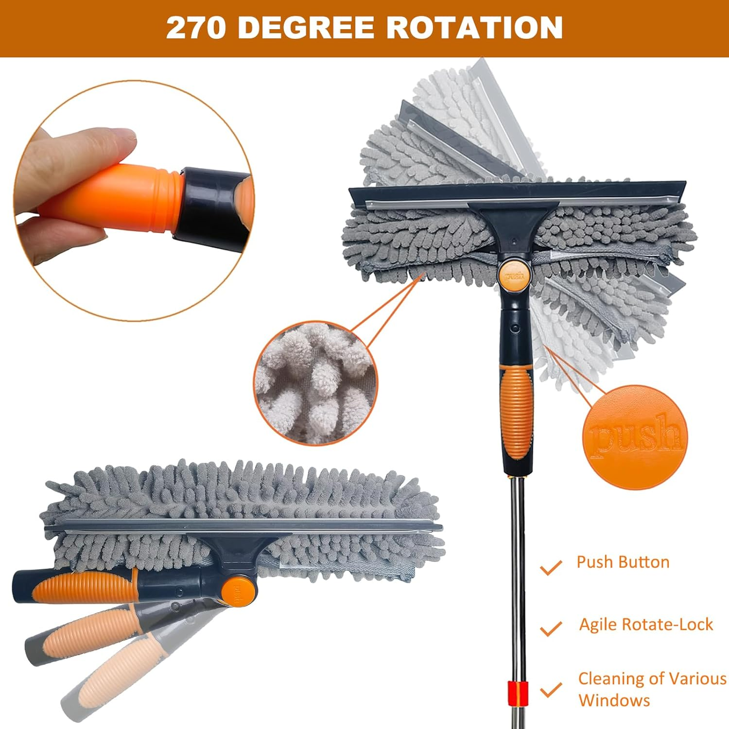 20 Ft+ Reach Squeegee Window Cleaner Duster 2 in 1 Rotatable Window Cleaning ...