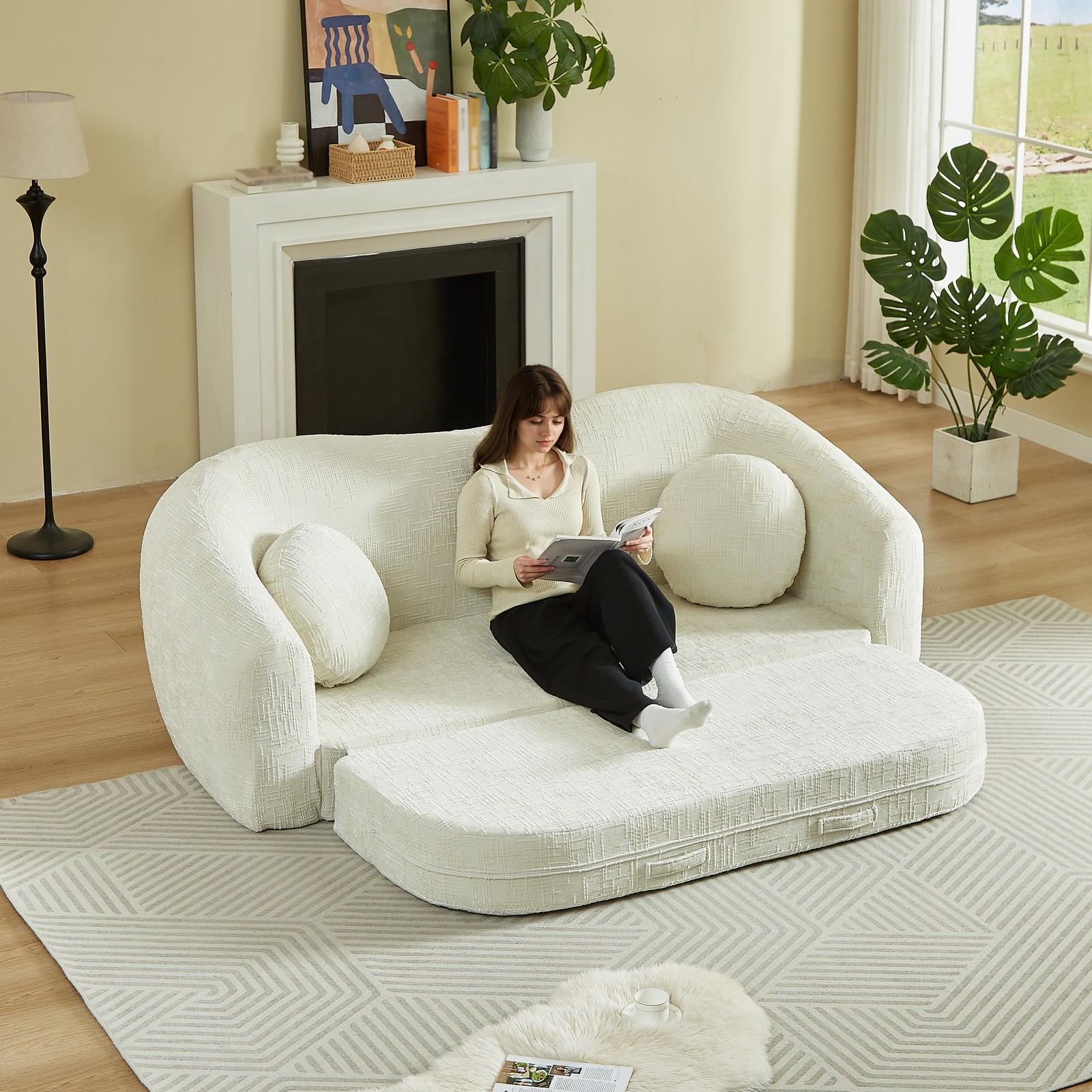 Curved Convertible Sofa Bed 2-in-1 Recliner, Chenille Foldable No Assembly Beige