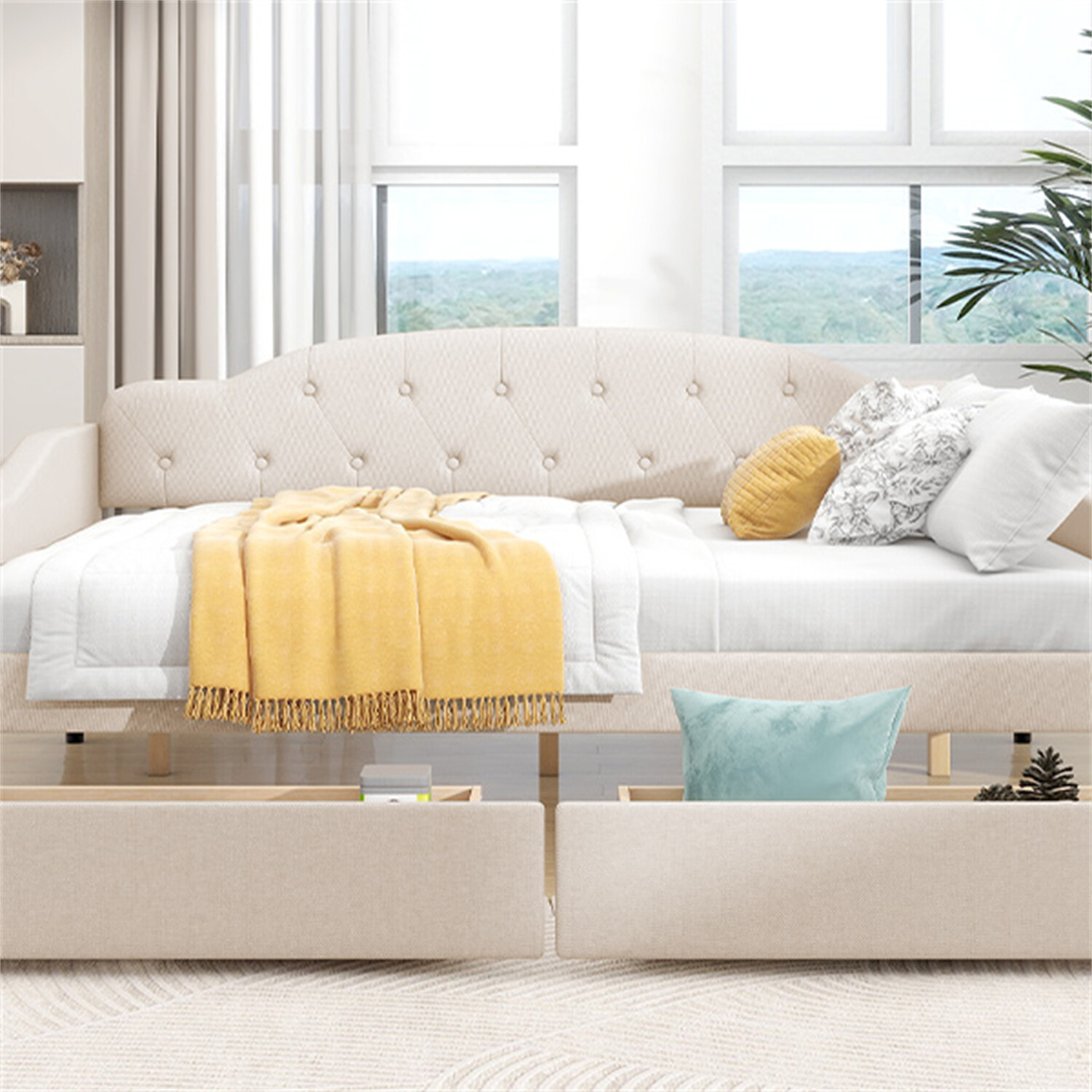 Full Size Daybed Upholstered Bed Frame Sofa Bed with 2 Storage Drawer Beige US