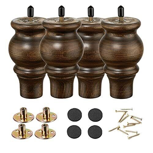 SHANJUE Wood Furniture Legs 5 inch Sofa Legs Set of 4 Round Brown Couch feet ...