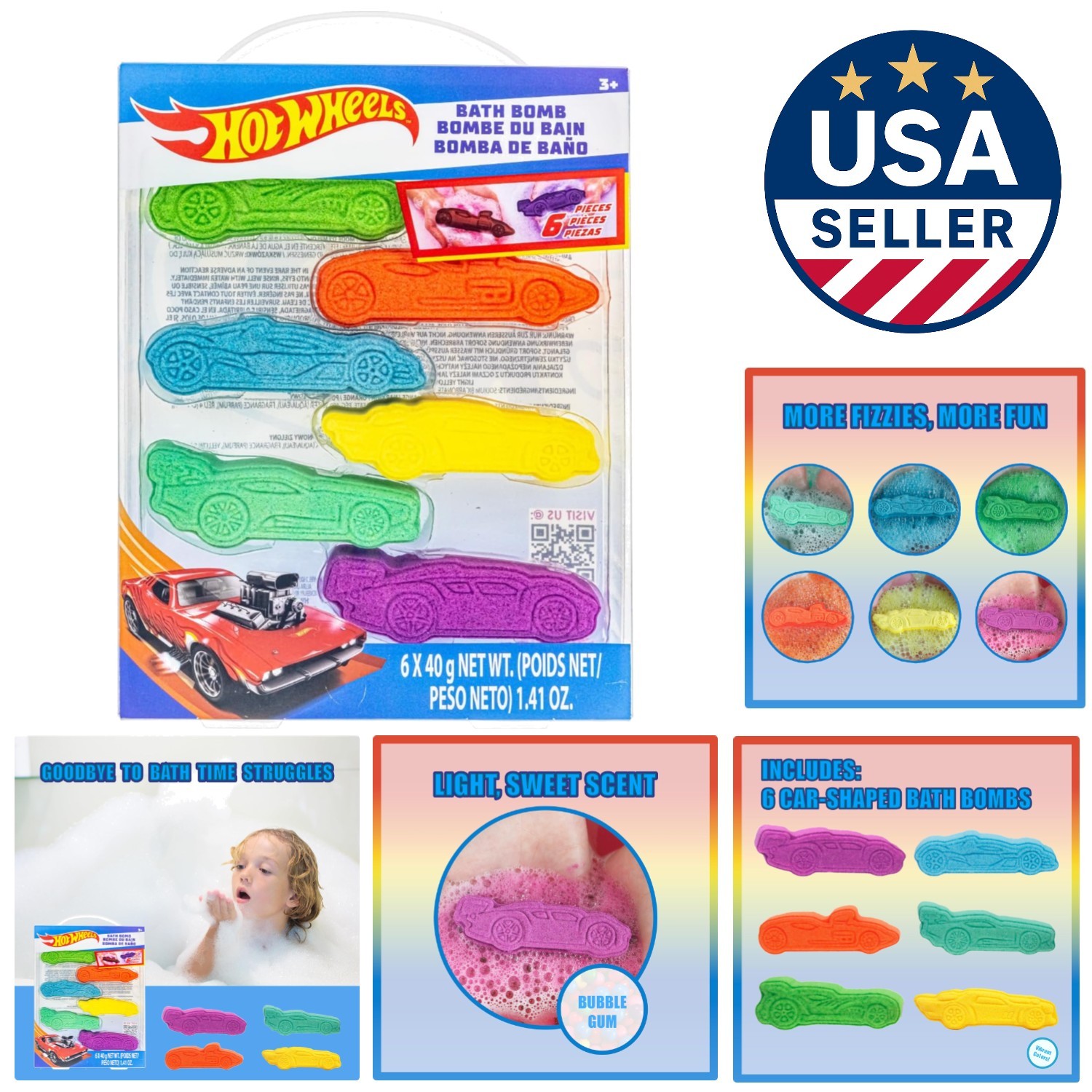 Hot Wheels Bath Bombs Gift Set - 6 Fun Bubble Gum Scented Fizzies for Kids