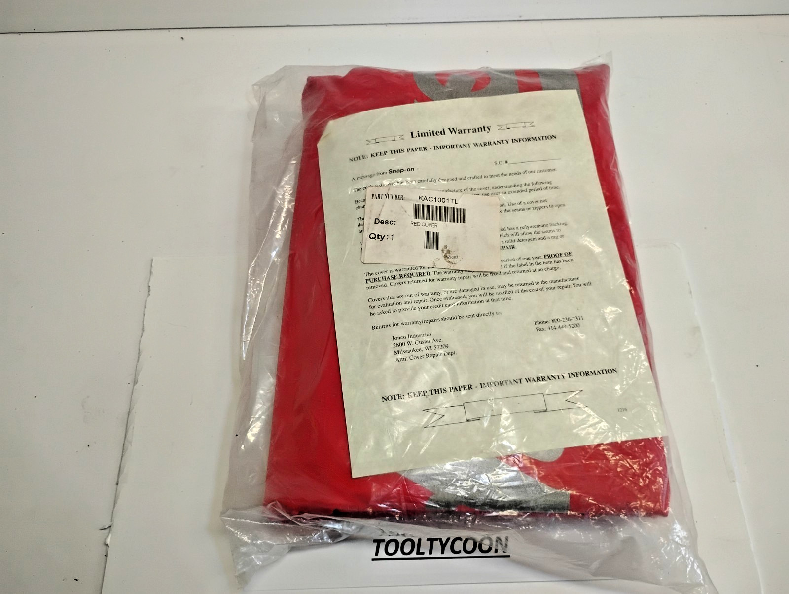 Snap-On Tools NEW COVER For Tool Box KTL1022 or KRL1022 RED KAC1001TL