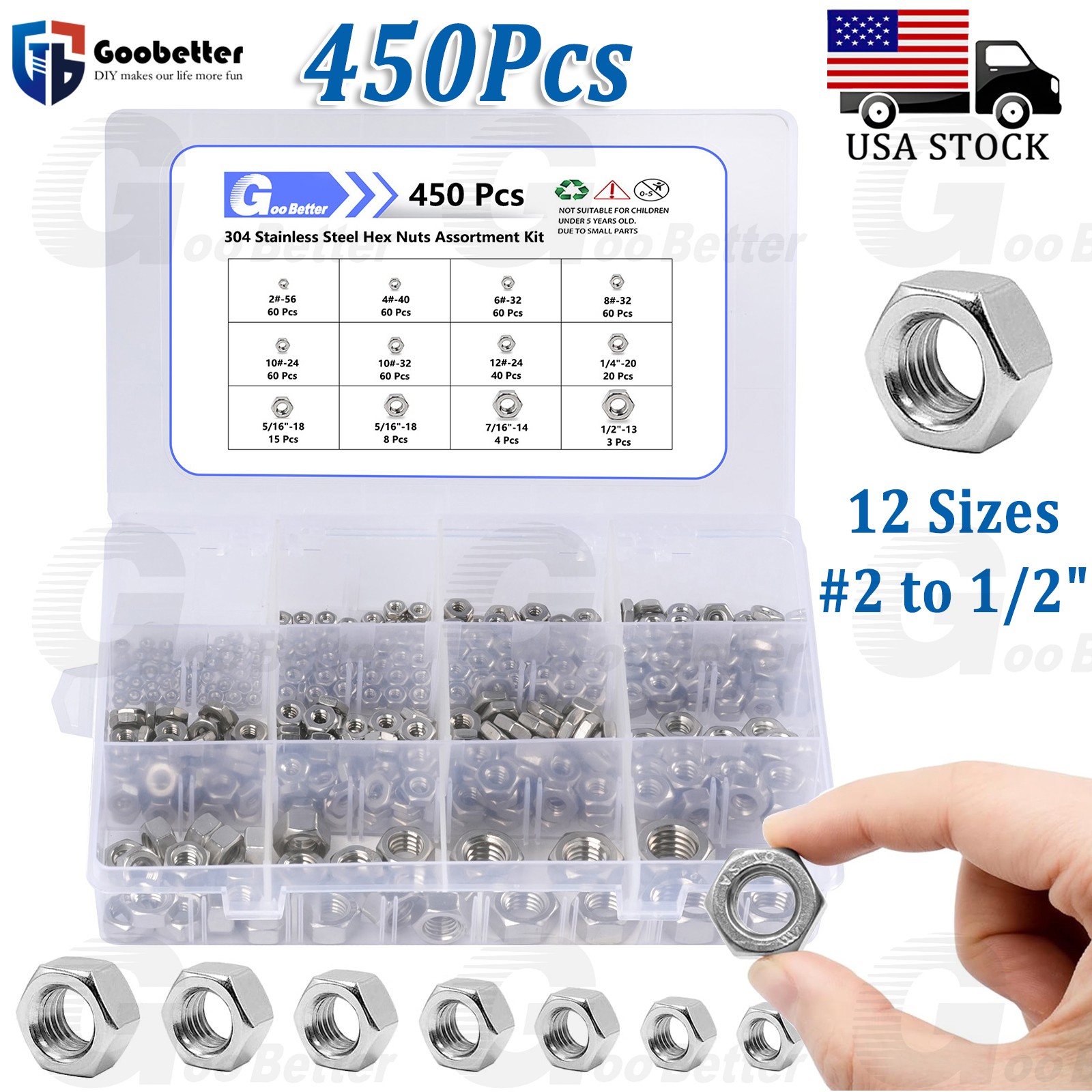 Stainless Steel Hex Nuts DIN 934 Assortment Kit #2 #4 #6 #8 #10 #12 to 1/2" UNC