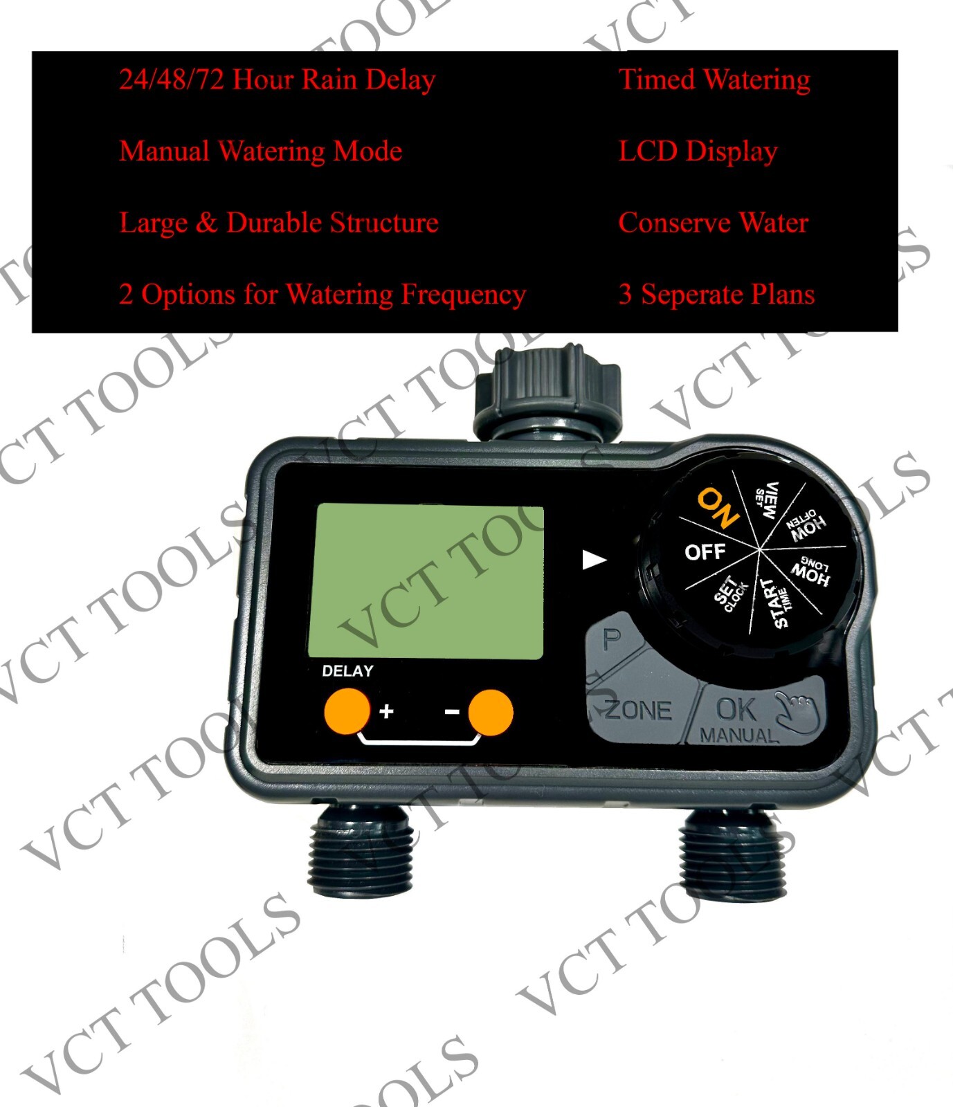 VCT Sprinkler Timer 2 Zone Outdoor Garden Water Hose Timer Big Screen