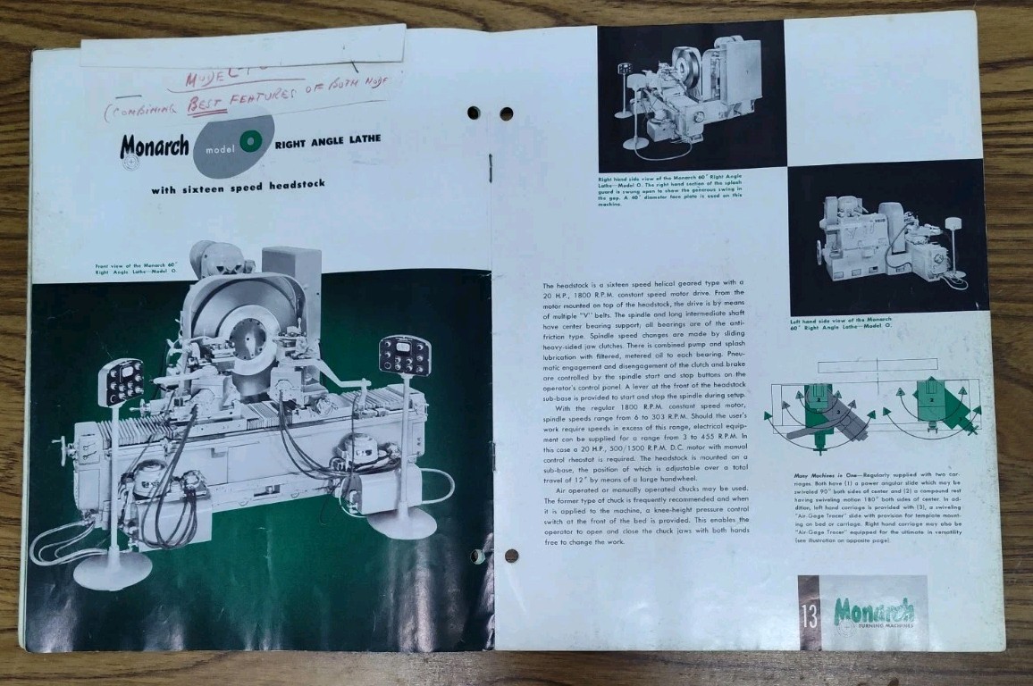 Monarch Machine Tool Co. OH Brochure Catalog 60" Right Angle Lathe Vtg