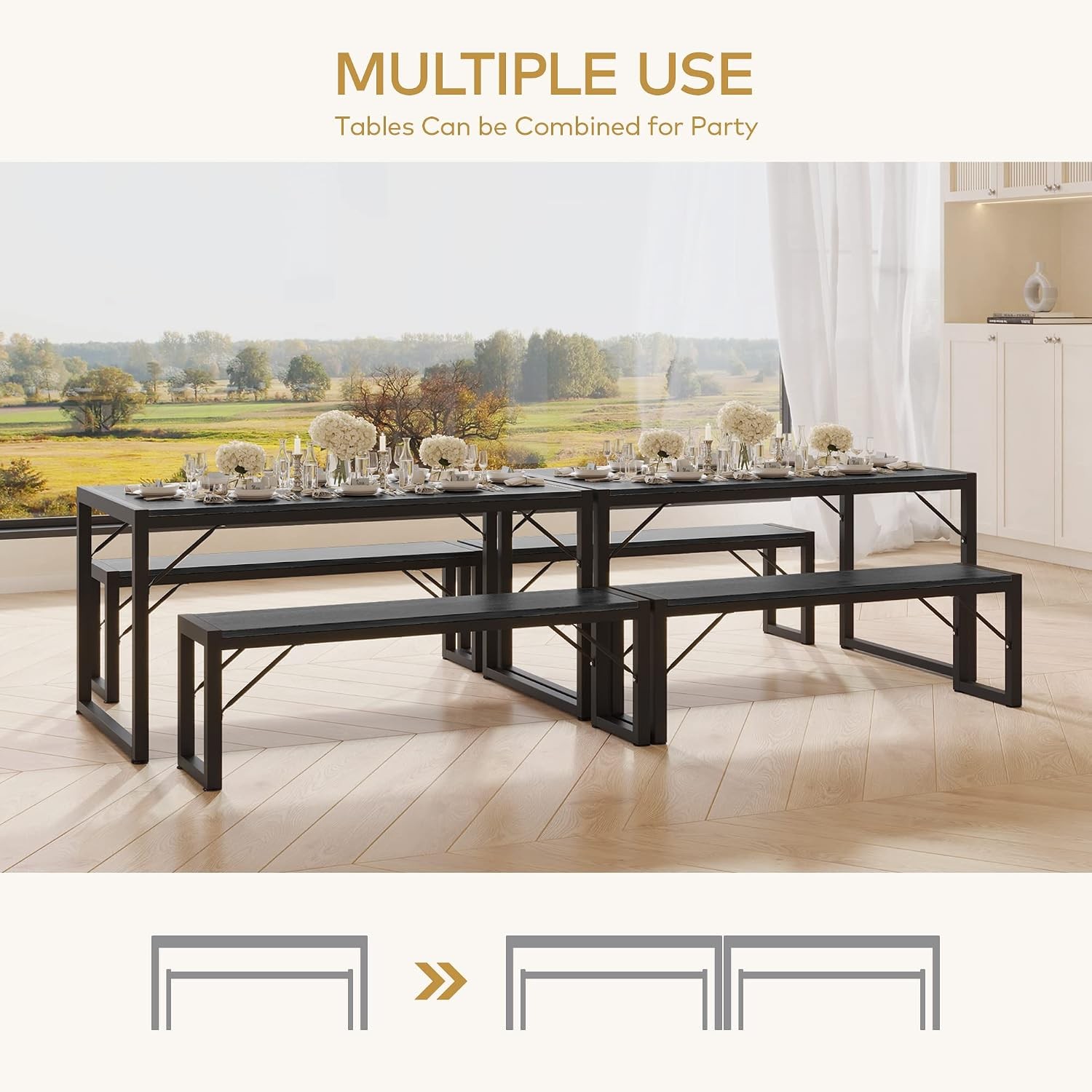 45.5" Dining Table Set for 4 with 2 Benches Kitchen Table Set with Metal Frame