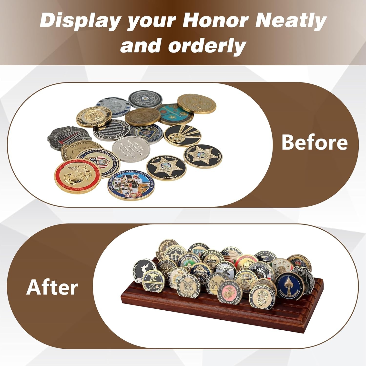 Challenge Coins Display Holder, Solid Wood Challenge Coin Stand, 6 Row Coins ...