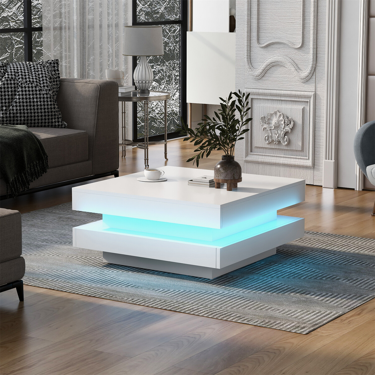 High Gloss Square LED Coffee Table Side End Table Center Table w/ LED Light