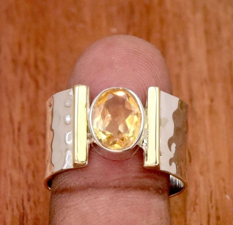 Hammered Citrine Ring: Two-Tone 925 Sterling Silver Statemen Ring All Size R 477