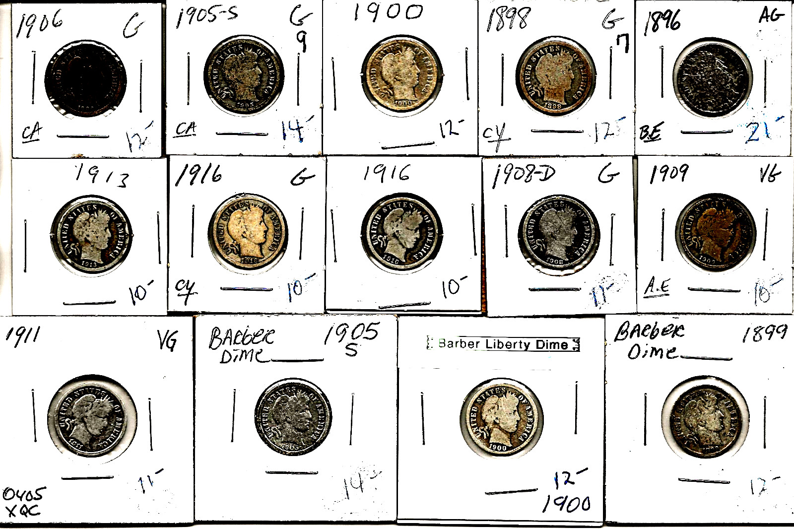 Lot Of 14 Barber Dimes - 90% Silver - 1896 thru 1916 SOME P, D, & S BOOK $170.00