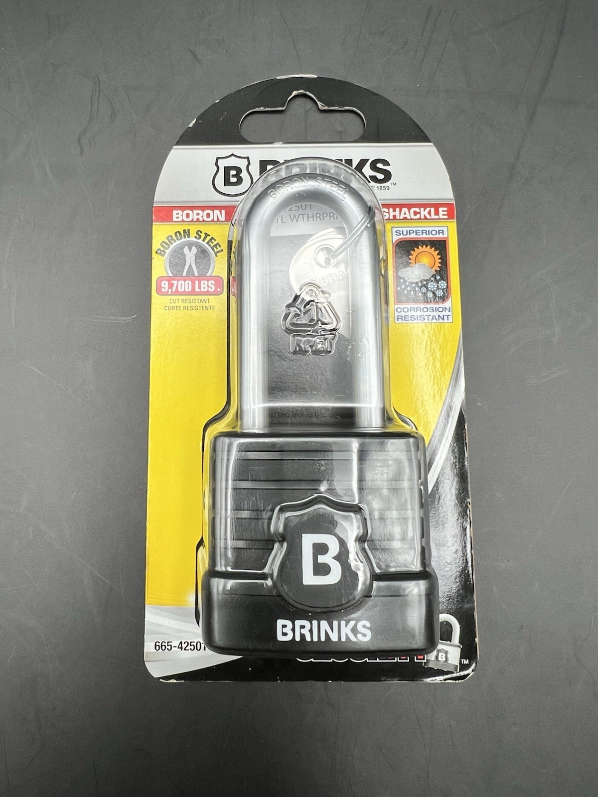 NEW!!Brinks ProMax 665-42501 Laminated Steel Padlock Boron Long Shackle 9700 lb
